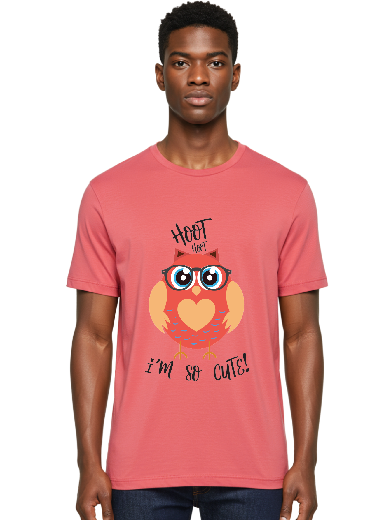 Hoot-Hoot-Owl Men'S Graphic Tee, 100% Cotton, Comfortable Casual Summer Wear, Machine Washable, Cartoon Owl, Heart-Shaped Chest, Glasses, Big Eyes, Cute Animal, Funny Illustration, Whimsical Design, Hoot Hoot, Adorable Creature, Aac827