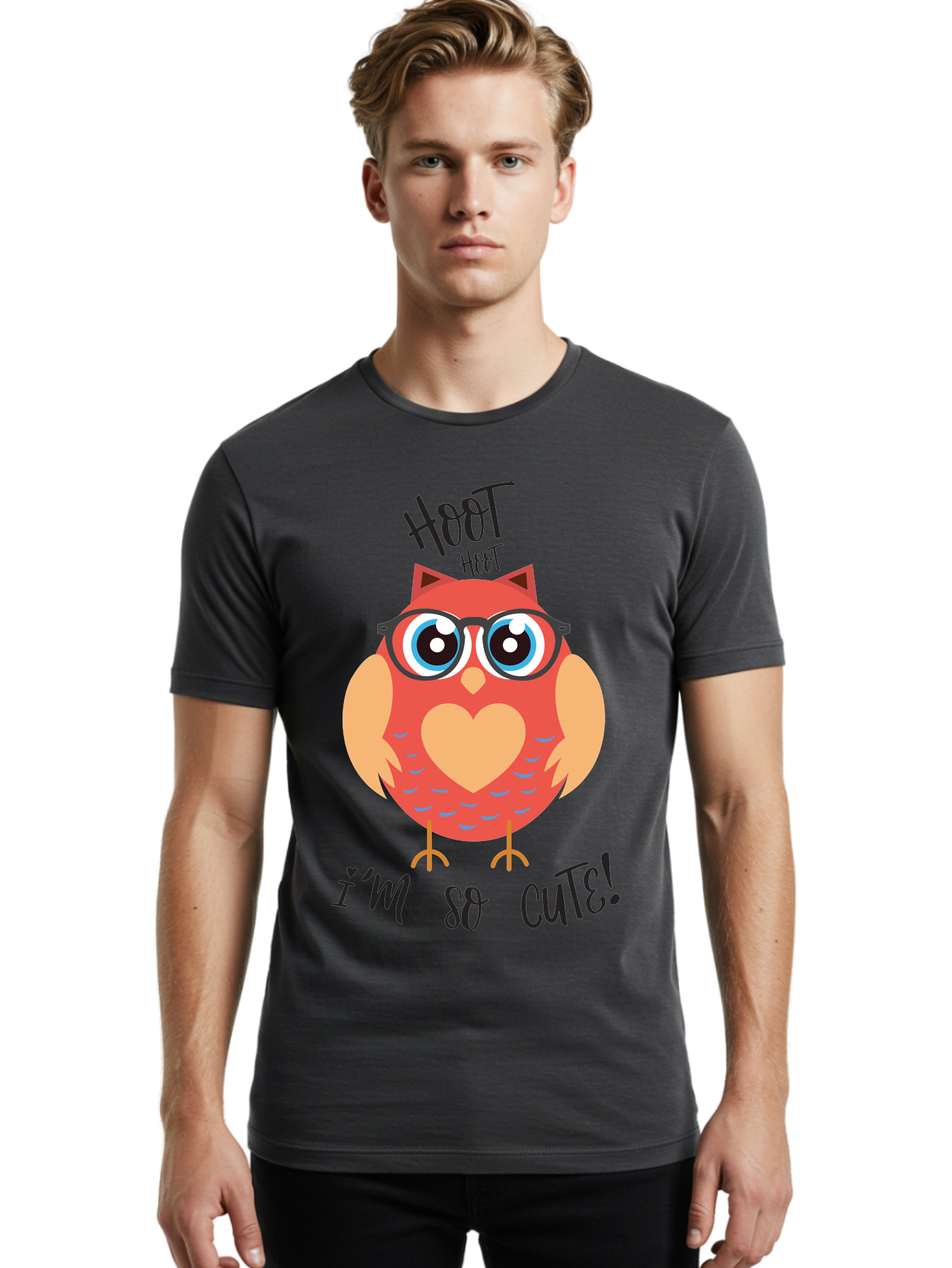 Hoot-Hoot-Owl Men'S Graphic Tee, 100% Cotton, Comfortable Casual Summer Wear, Machine Washable, Cartoon Owl, Heart-Shaped Chest, Glasses, Big Eyes, Cute Animal, Funny Illustration, Whimsical Design, Hoot Hoot, Adorable Creature, Aac827