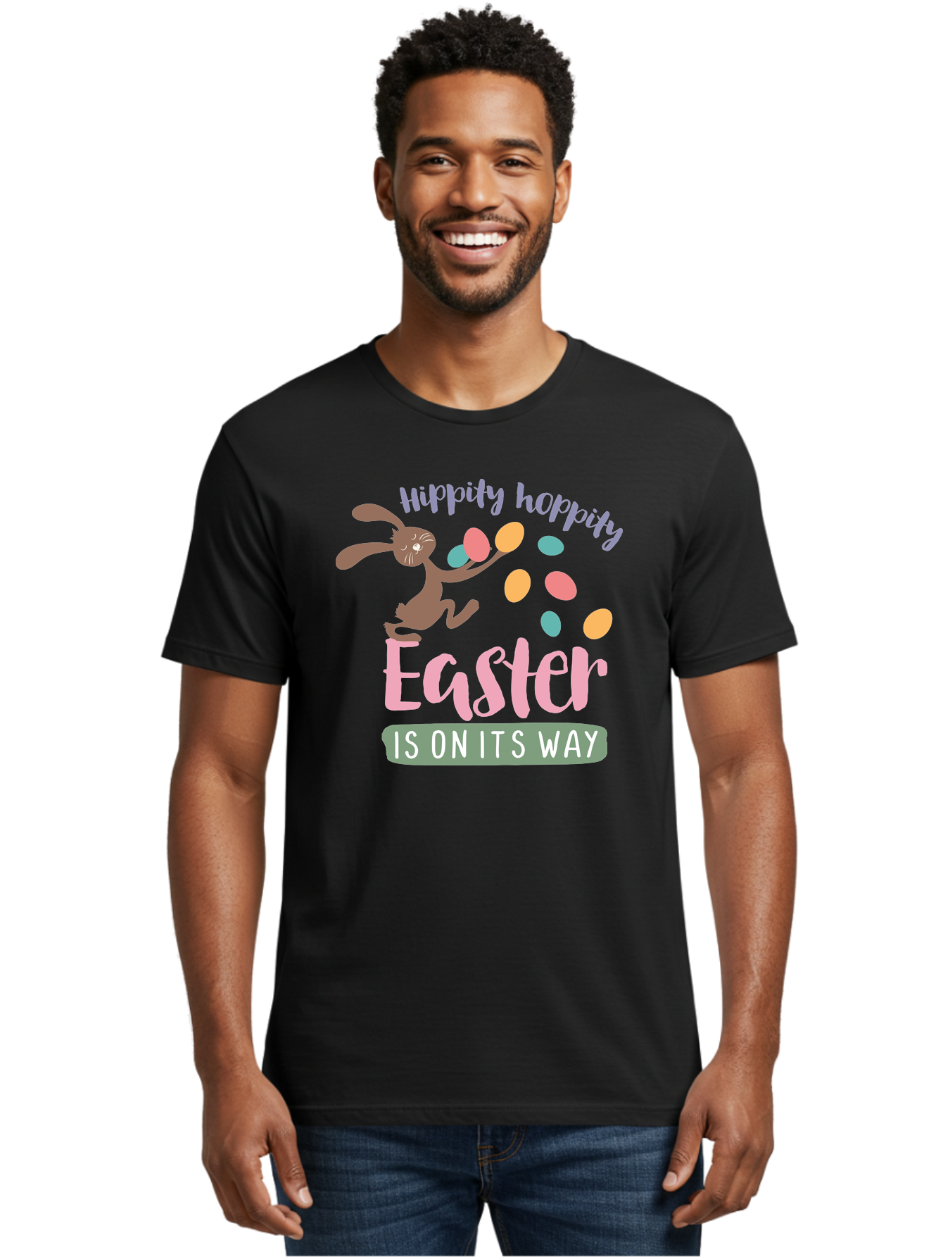 Hoppily-Hopping-Easter Men'S Graphic Tee, 100% Cotton, Comfortable Casual Summer Wear, Machine Washable, Easter Bunny, Easter Eggs, Colorful Eggs, Spring Holiday, Festive Graphics, Happy Easter, Hippidy Hoppity Aac829