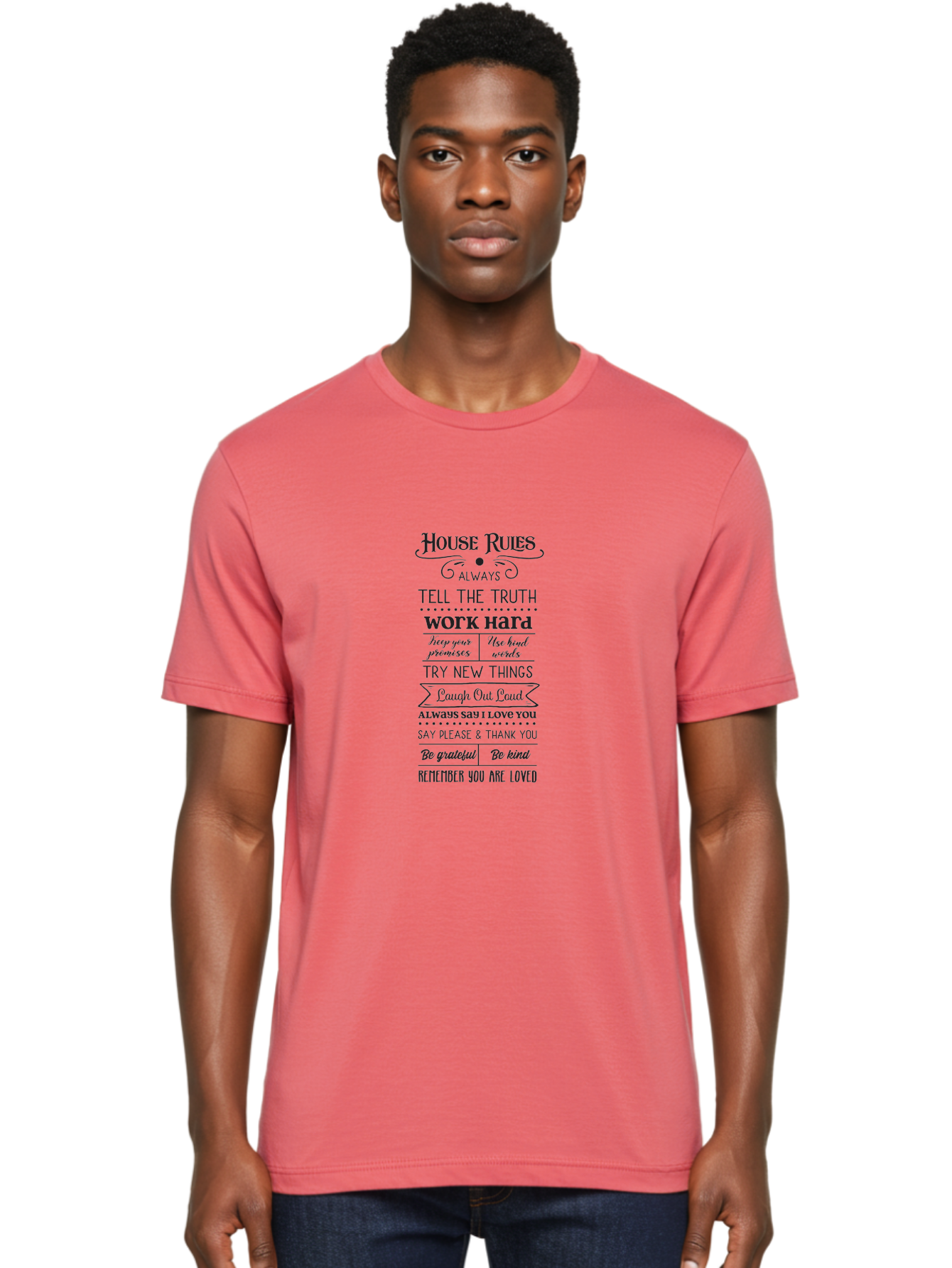 House-Rules-2 Men'S Graphic Tee, 100% Cotton, Comfortable Casual Summer Wear, Machine Washable, Positive Affirmations, House Rules, Inspirational Quotes, Motivational Phrases, Be Kind, Be Grateful, Tell The Truth, Work Hard, Keep Promises, Aac831