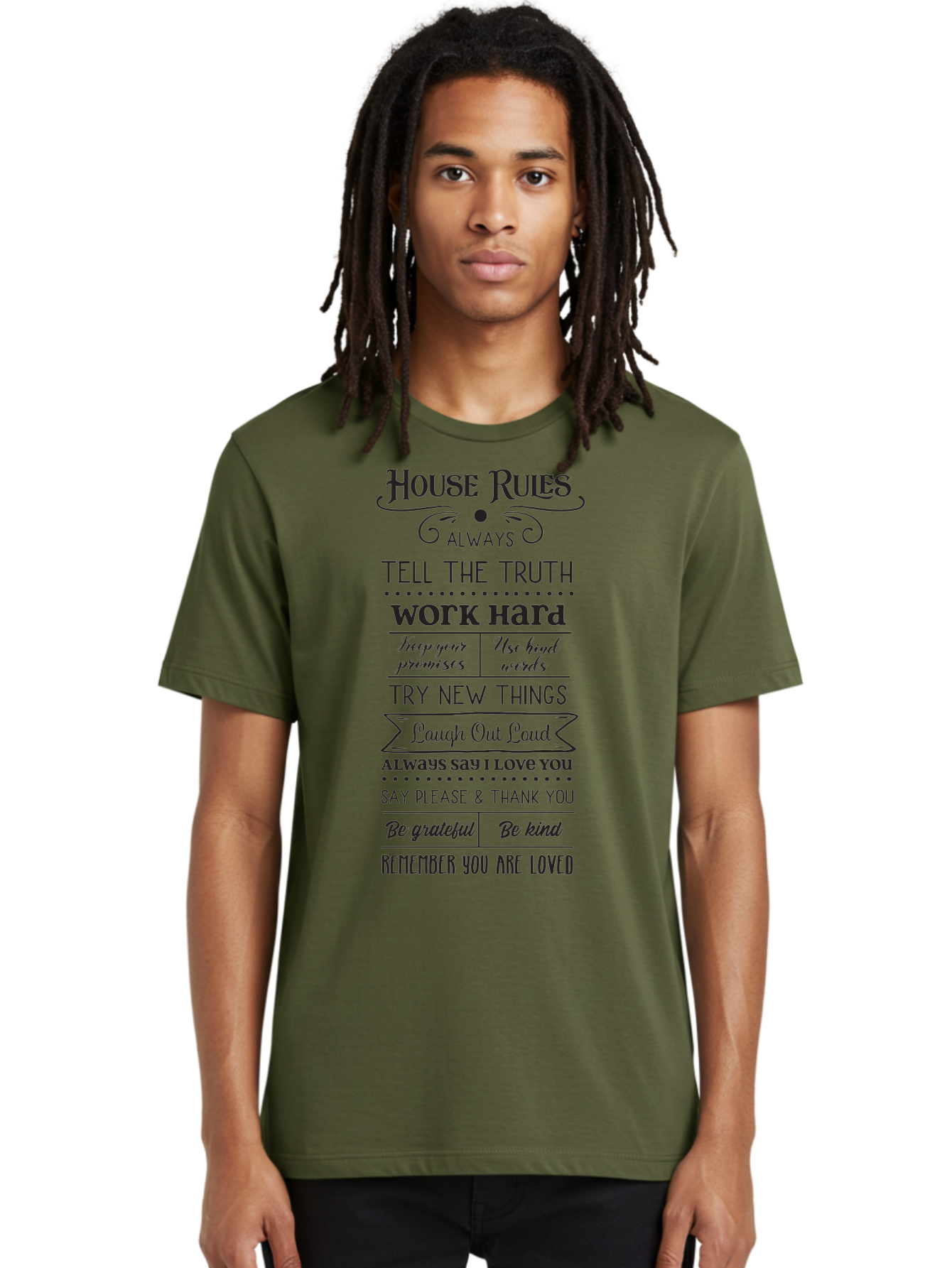 House-Rules-2 Men'S Graphic Tee, 100% Cotton, Comfortable Casual Summer Wear, Machine Washable, Positive Affirmations, House Rules, Inspirational Quotes, Motivational Phrases, Be Kind, Be Grateful, Tell The Truth, Work Hard, Keep Promises, Aac831