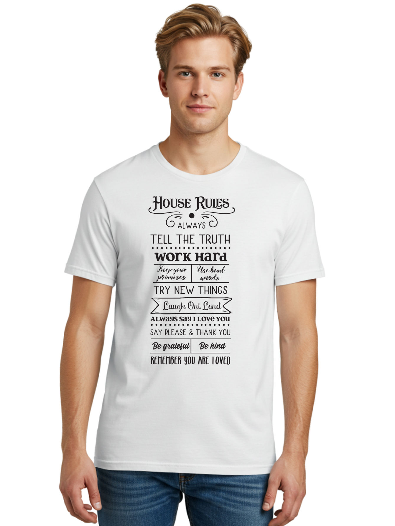House-Rules-2 Men'S Graphic Tee, 100% Cotton, Comfortable Casual Summer Wear, Machine Washable, Positive Affirmations, House Rules, Inspirational Quotes, Motivational Phrases, Be Kind, Be Grateful, Tell The Truth, Work Hard, Keep Promises, Aac831