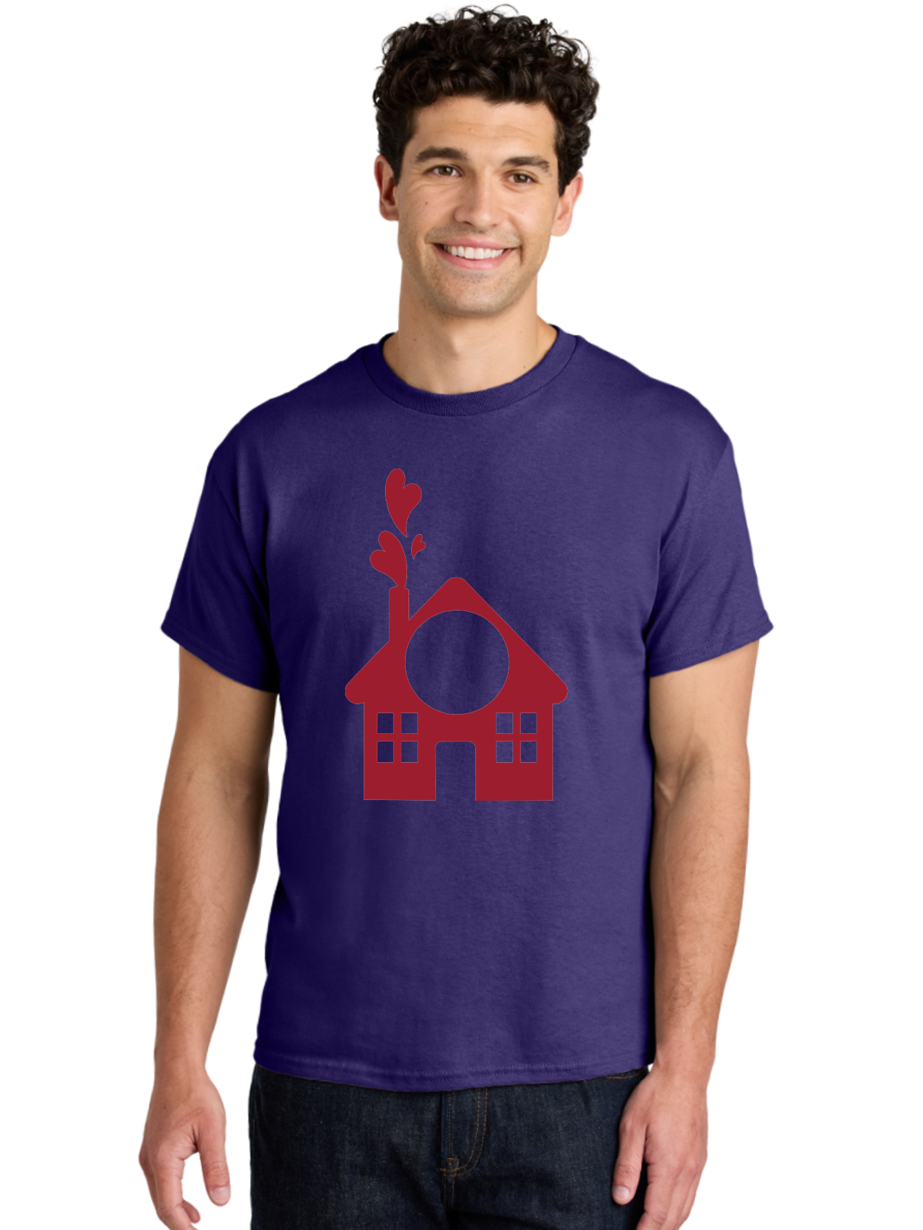 House-With-Heart-Chimney Men'S Graphic Tee, 100% Cotton, Comfortable Casual Summer Wear, Machine Washable, Stylized House, Heart-Shaped Chimney, Red Silhouette, Love Symbol, Cozy Home, Heart-Themed Decor, Minimalist Design, Aac833