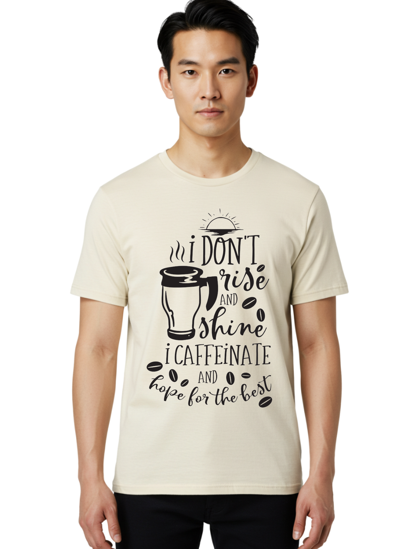 I-Don-T-Rise-And-Shine-I-Caffeinate Men'S Graphic Tee, 100% Cotton, Comfortable Casual Summer Wear, Machine Washable, Coffee-Themed Quote, Morning Motivation, Caffeine Humor, Coffee Lover Quotes, Funny Coffee Sayings, Coffee Mug Design, Aac844