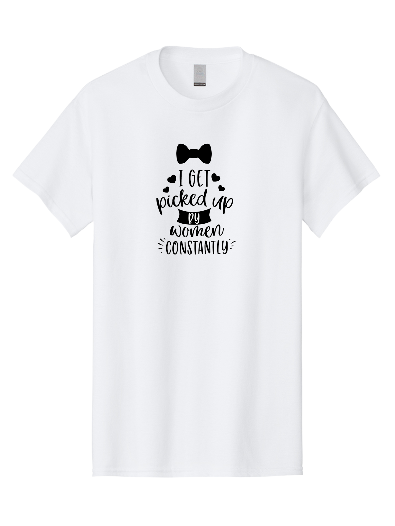I-Get-Picked-Up-By-Women-Constantly Men'S Graphic Tee, 100% Cotton, Comfortable Casual Summer Wear, Machine Washable, Funny Quote, Pickup Line, Bow Tie, Hearts, Humor, Witty Sayings, Sassy Phrases, Cute Designs, Charming Graphics, Aac847