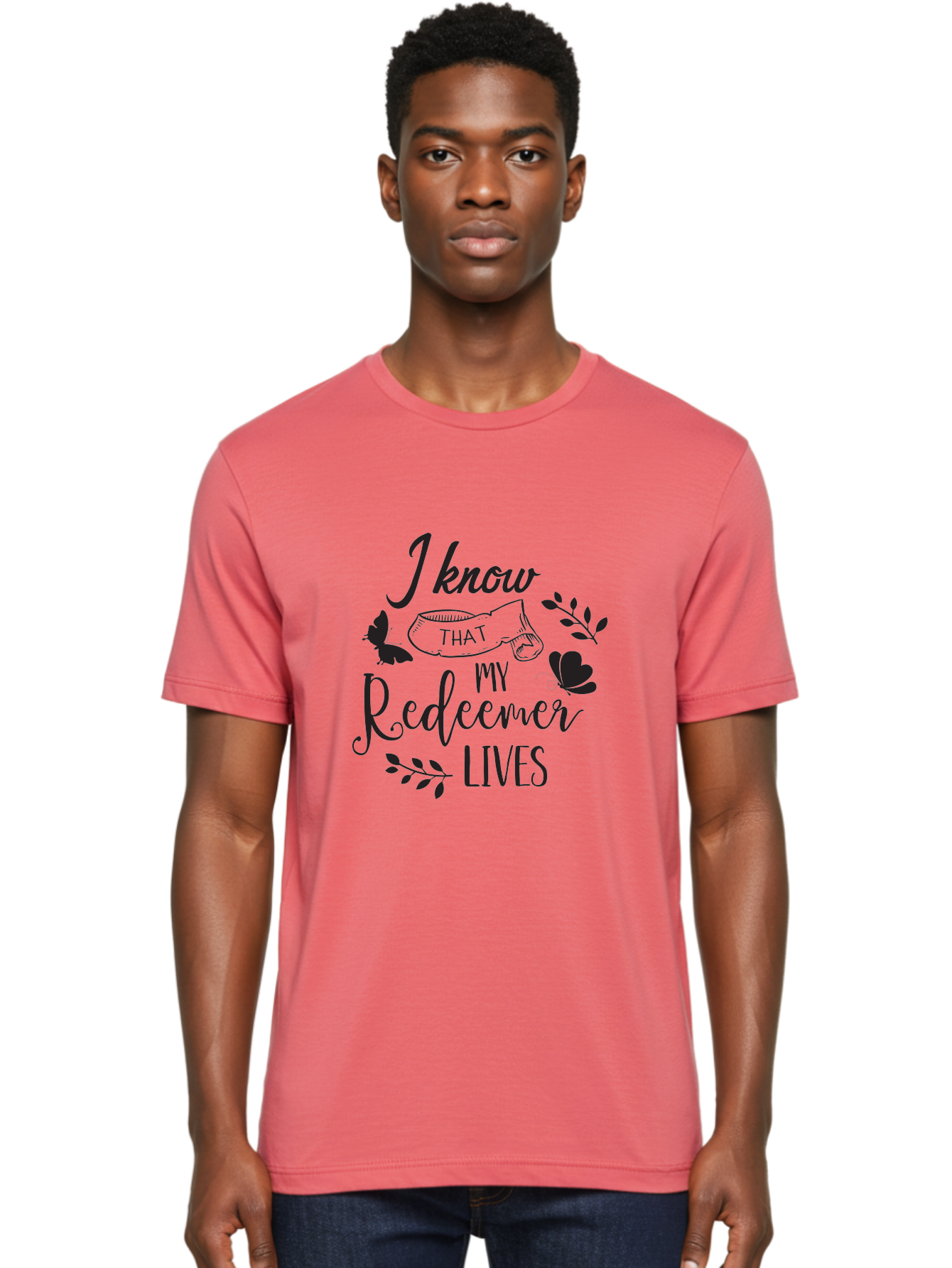 I-Know-That-My-Redeemer-Lives Men'S Graphic Tee, 100% Cotton, Comfortable Casual Summer Wear, Machine Washable, Faithful Quote, Inspirational Words, Religious Text, Butterflies, Leaves, Spiritual Message, Motivational Phrase, Black Typography, Aac849
