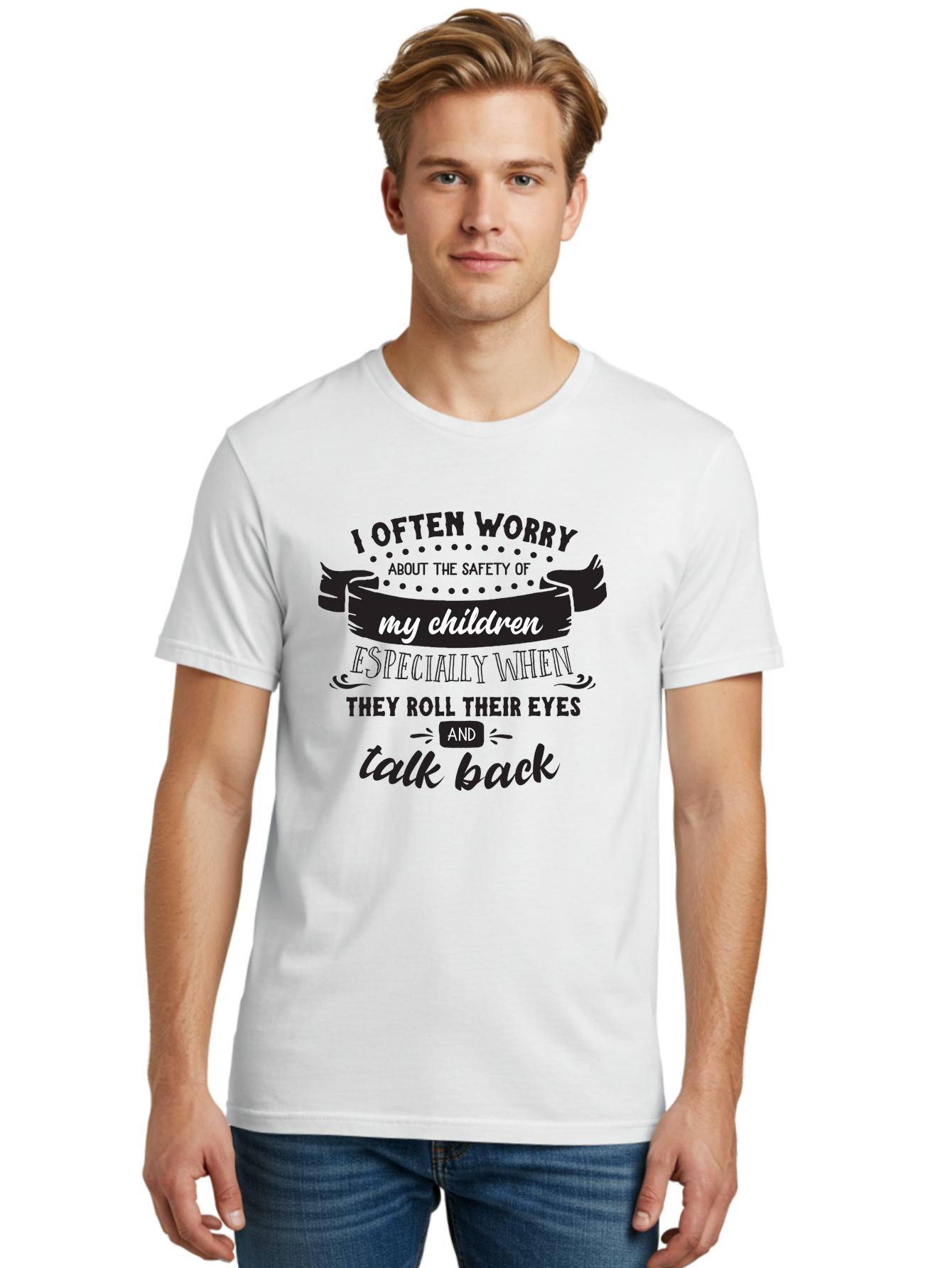 I-Often-Worry-About-The-Safety-Of-My-Children Men'S Graphic Tee, 100% Cotton, Comfortable Casual Summer Wear, Machine Washable, Funny Parenting Quote, Humorous Saying, Kids Backtalk, Sarcastic Humor, Ironic Expression, Playful Design, Aac873