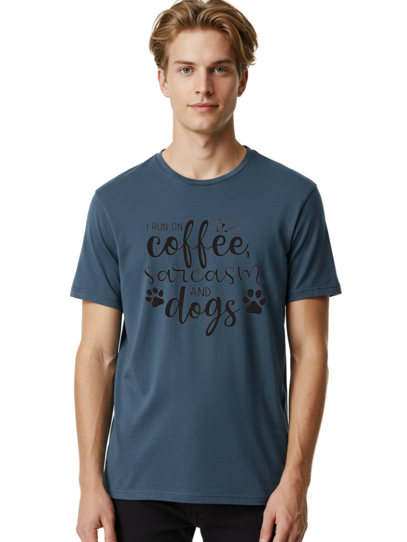 I-Run-On-Coffee-Sarcasm-And-Dogs Men'S Graphic Tee, 100% Cotton, Comfortable Casual Summer Wear, Machine Washable, Funny Quote, Dog Lovers, Coffee Lovers, Sarcastic Humor, Motivational Quotes, Dog Paw Prints, Coffee Beans Aac876