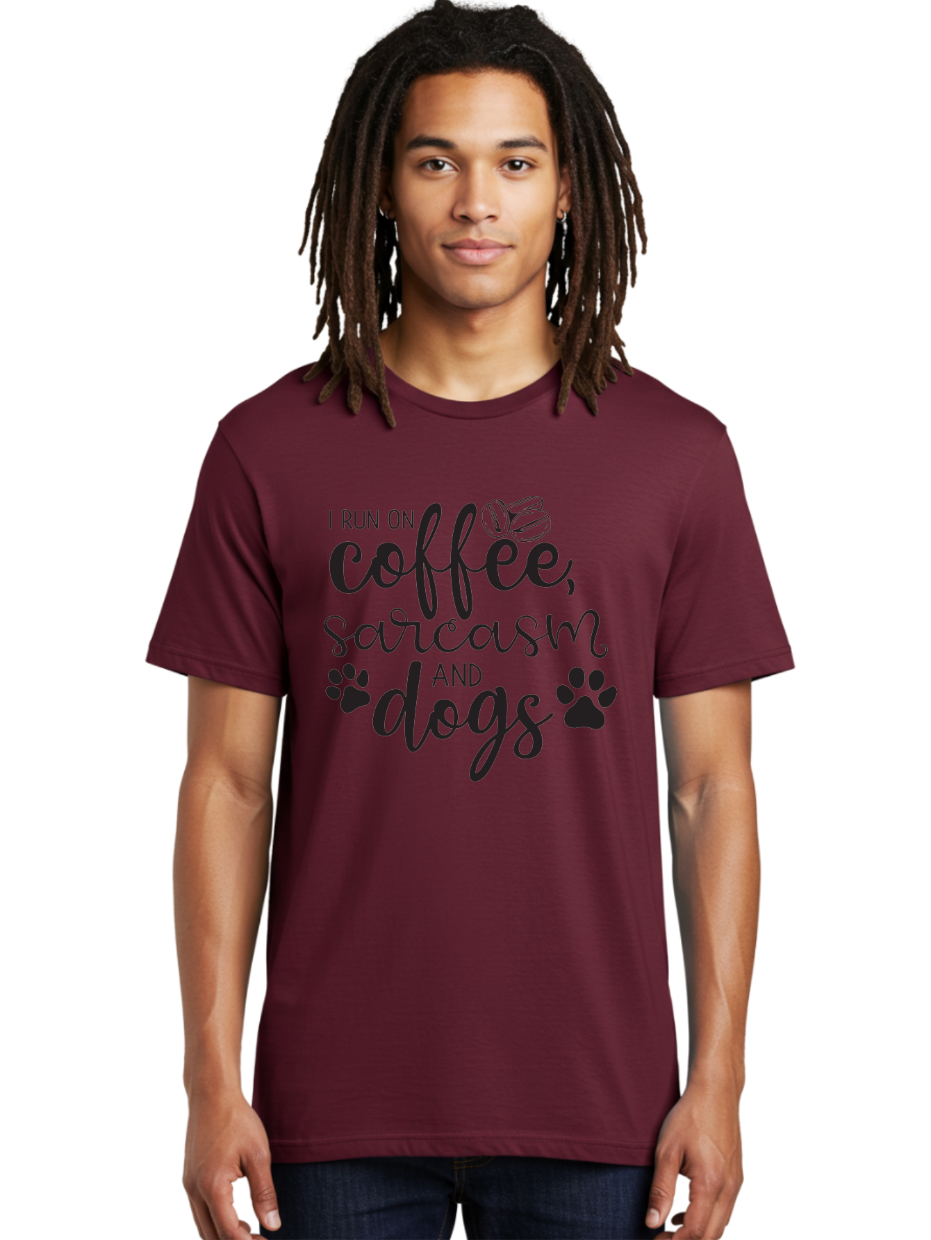 I-Run-On-Coffee-Sarcasm-And-Dogs Men'S Graphic Tee, 100% Cotton, Comfortable Casual Summer Wear, Machine Washable, Funny Quote, Dog Lovers, Coffee Lovers, Sarcastic Humor, Motivational Quotes, Dog Paw Prints, Coffee Beans Aac876
