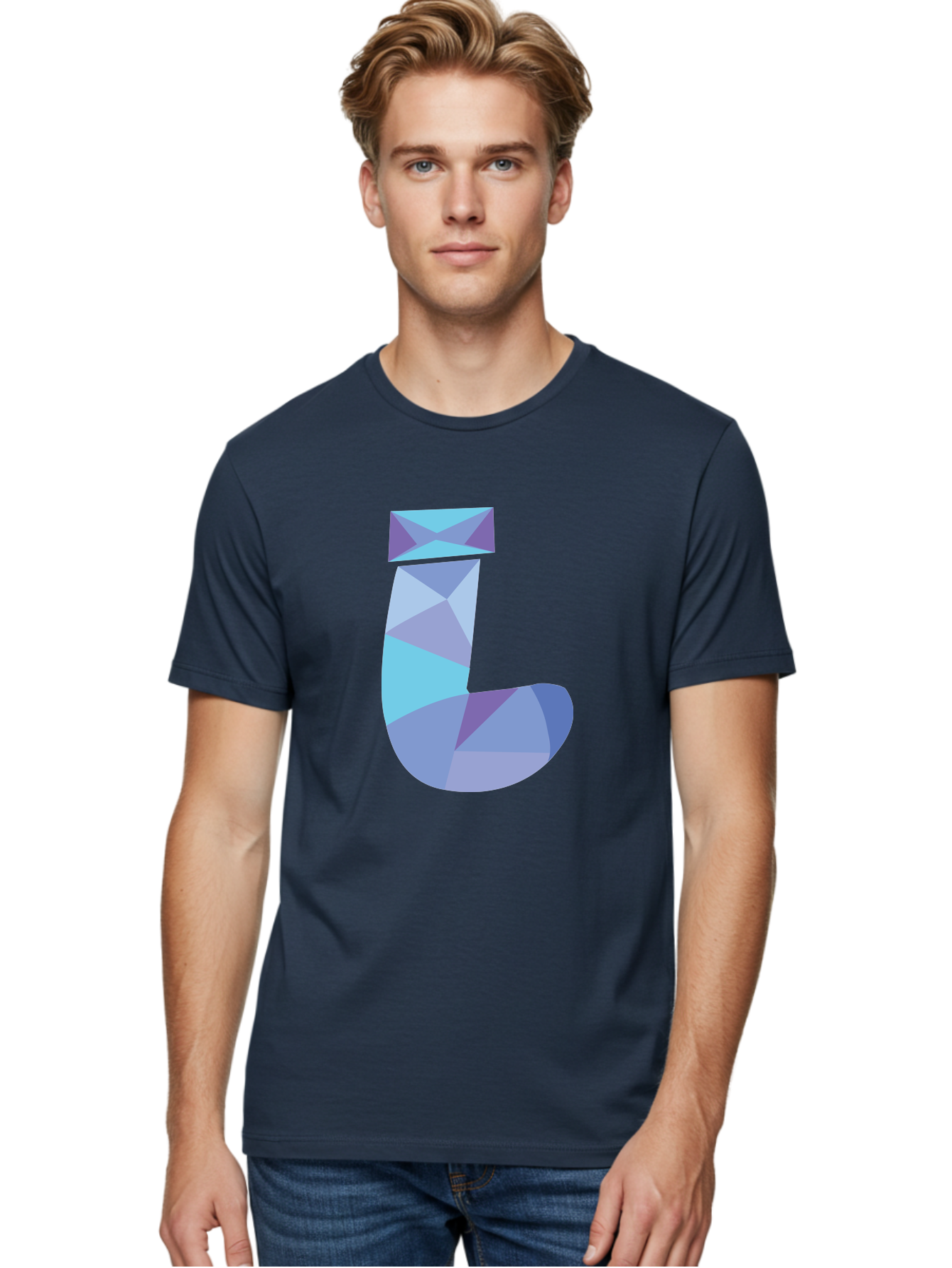 J-2 Men'S Graphic Tee, 100% Cotton, Comfortable Casual Summer Wear, Machine Washable, Geometric Letter J, Abstract Art, Low Poly Design, Blue And Purple Hues, Modern Typography, Stylized Alphabet, Digital Graphic Aac905