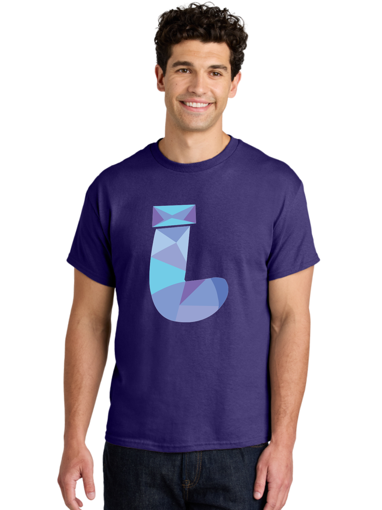 J-2 Men'S Graphic Tee, 100% Cotton, Comfortable Casual Summer Wear, Machine Washable, Geometric Letter J, Abstract Art, Low Poly Design, Blue And Purple Hues, Modern Typography, Stylized Alphabet, Digital Graphic Aac905