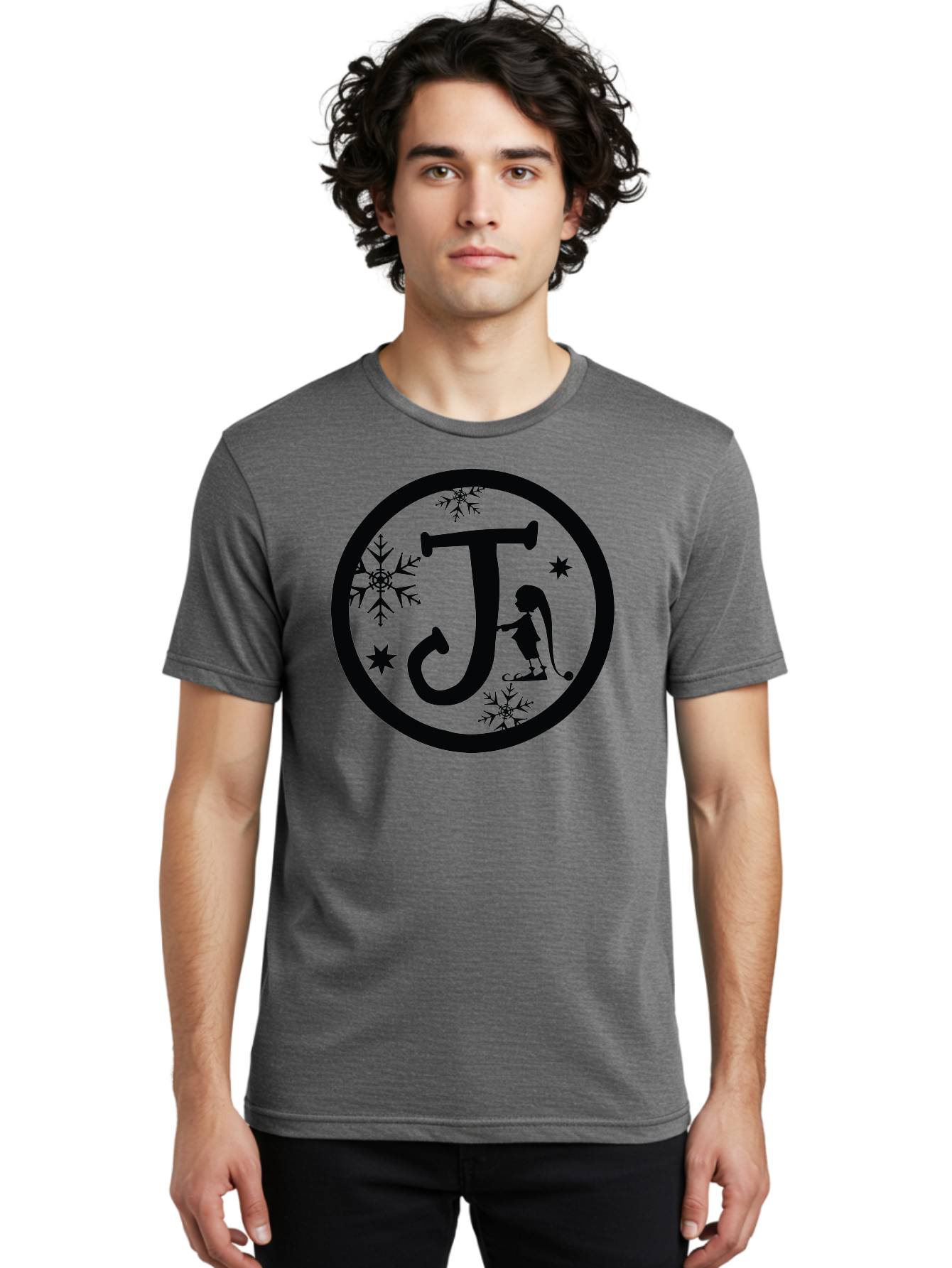 J Men'S Graphic Tee, 100% Cotton, Comfortable Casual Summer Wear, Machine Washable, Girl Playing Hockey, Winter Sports, Ice Hockey, Silhouette Design, Snowflakes, Stars, Letter J, Frosty Atmosphere, Womens Hockey, Youth Hockey Aac906