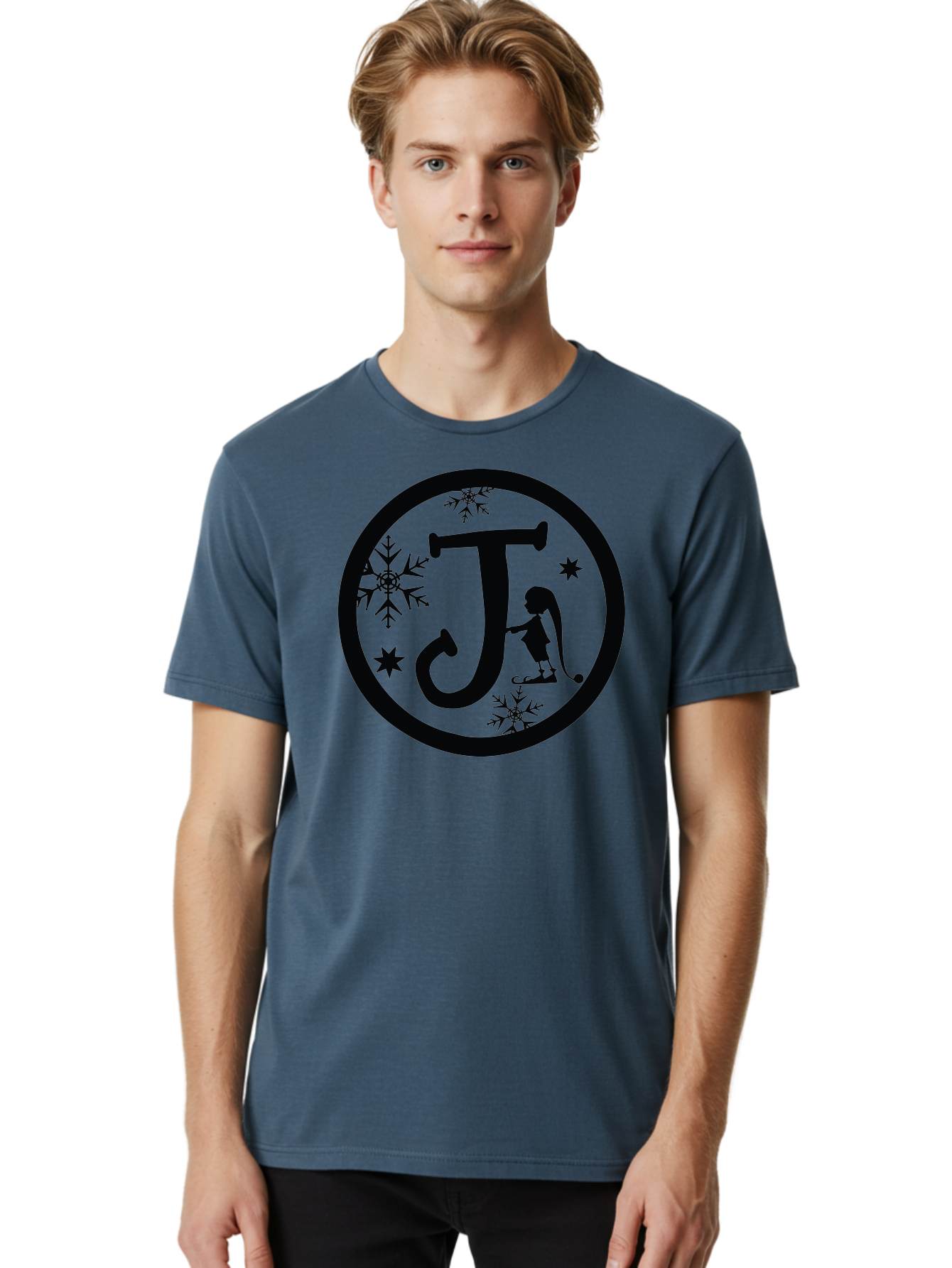J Men'S Graphic Tee, 100% Cotton, Comfortable Casual Summer Wear, Machine Washable, Girl Playing Hockey, Winter Sports, Ice Hockey, Silhouette Design, Snowflakes, Stars, Letter J, Frosty Atmosphere, Womens Hockey, Youth Hockey Aac906