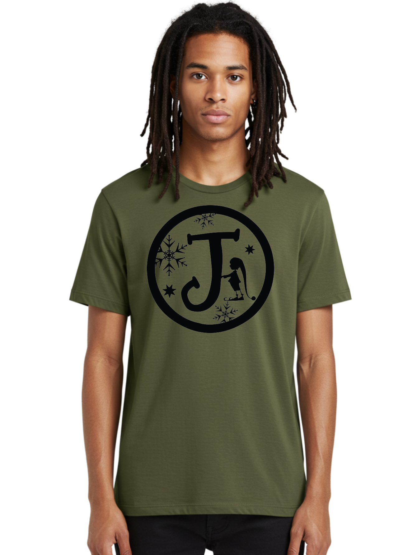 J Men'S Graphic Tee, 100% Cotton, Comfortable Casual Summer Wear, Machine Washable, Girl Playing Hockey, Winter Sports, Ice Hockey, Silhouette Design, Snowflakes, Stars, Letter J, Frosty Atmosphere, Womens Hockey, Youth Hockey Aac906