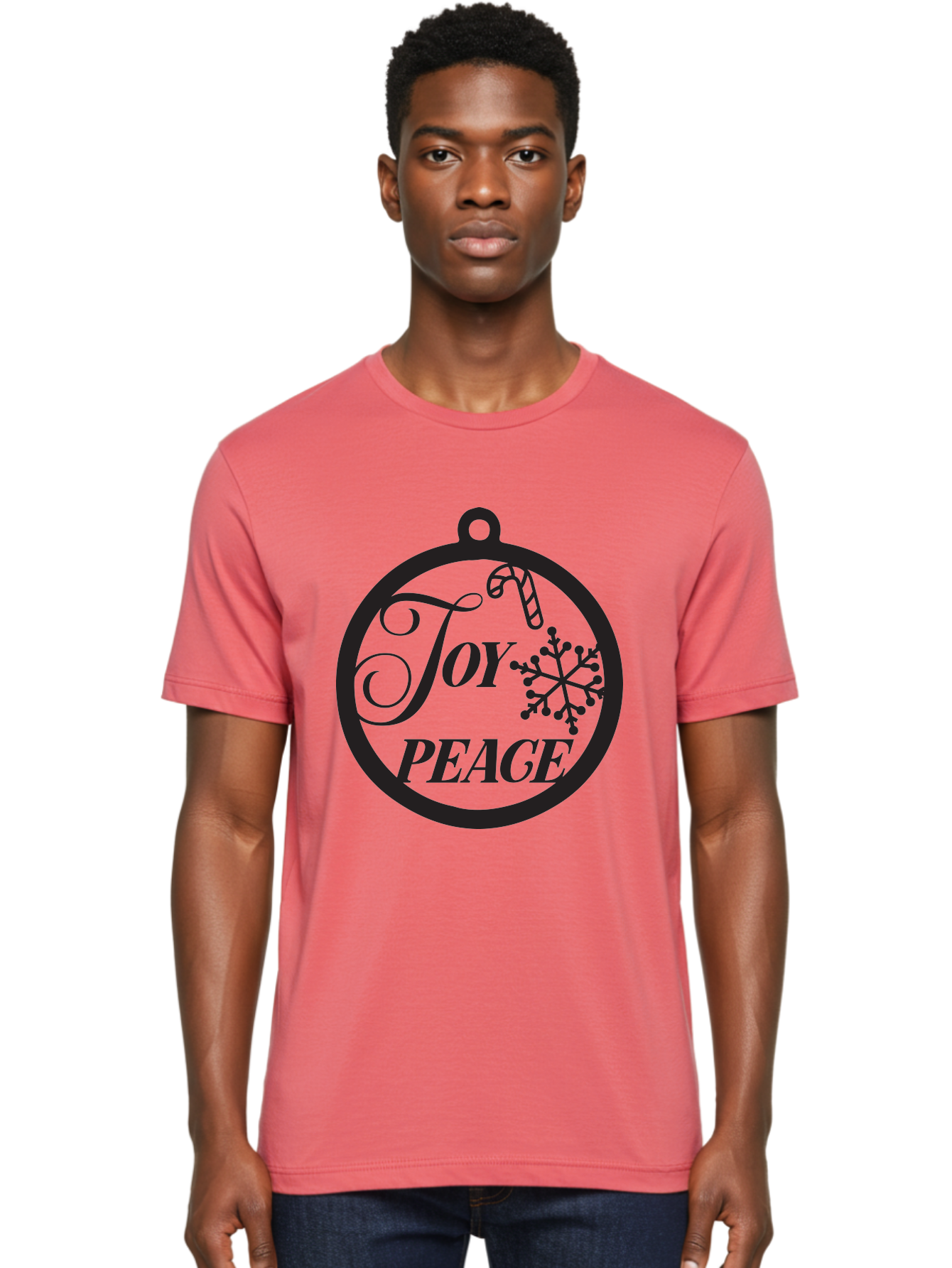Joy-Peace Men'S Graphic Tee, 100% Cotton, Comfortable Casual Summer Wear, Machine Washable, Christmas Ornament, Festive Decor, Holiday Cheer, Joyful Atmosphere, Peace On Earth, Snowflake Design, Candy Cane Motif, Winter Wonderland, Aac911