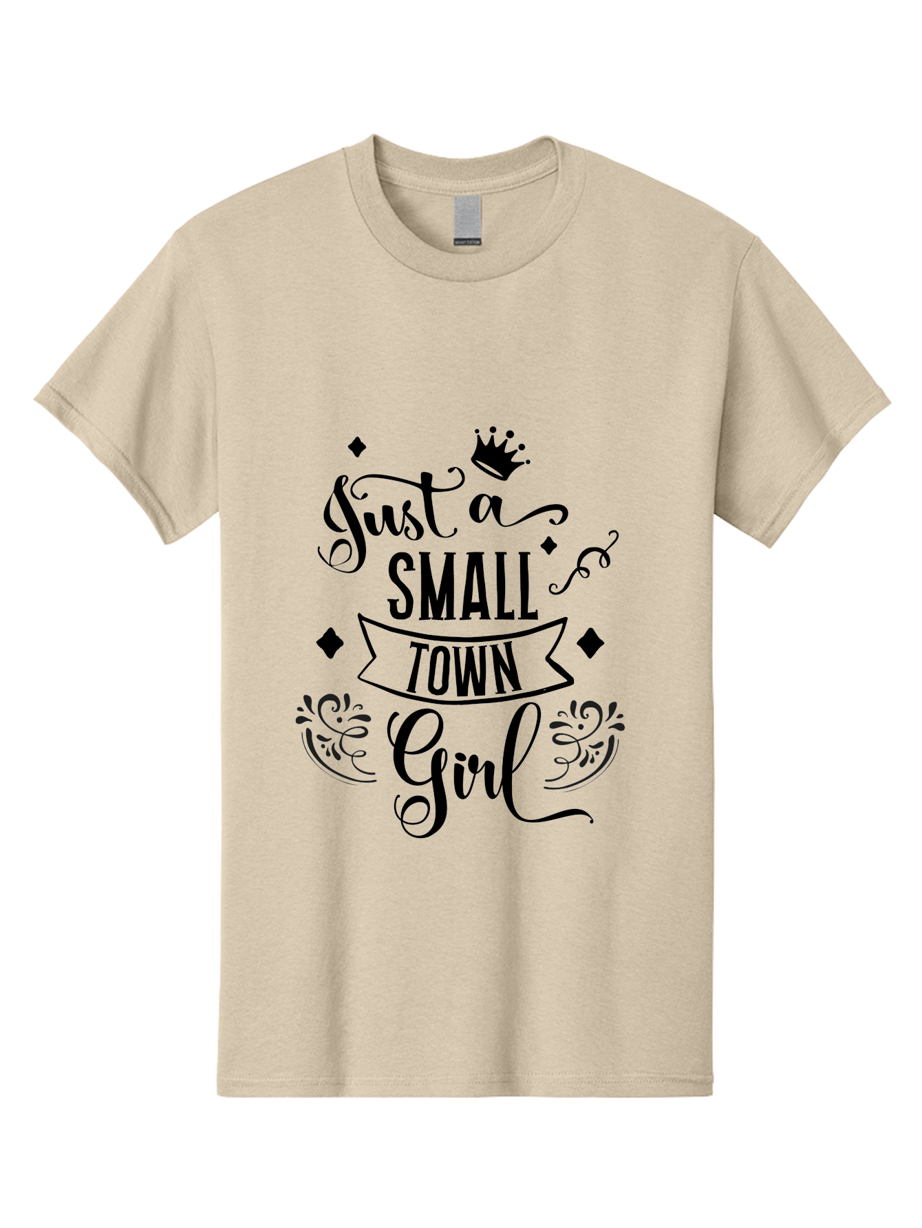 Just-A-Small-Town-Girl Men'S Graphic Tee, 100% Cotton, Comfortable Casual Summer Wear, Machine Washable, Small Town Girl, Typography Design, Elegant Font, Crown Symbol, Ornate Details, Black Text, Feminine Style, Decorative Elements, Aac913