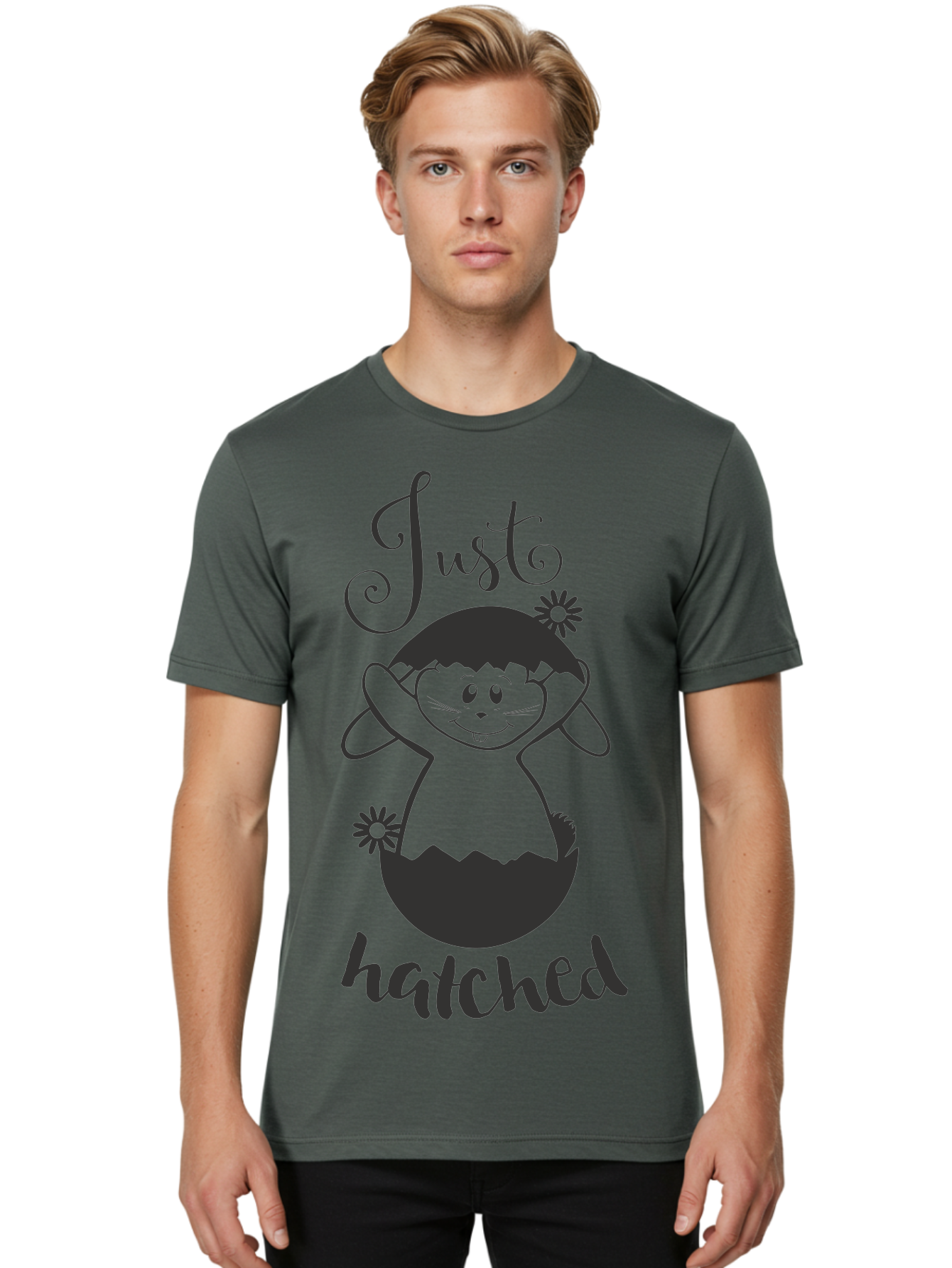 Just-Hatched Men'S Graphic Tee, 100% Cotton, Comfortable Casual Summer Wear, Machine Washable, Cute Cartoon Character, Hatching From Egg, Playful Design, Easter Theme, Funny Illustration, Whimsical Art, Baby Chick, Adorable Graphic Aac915