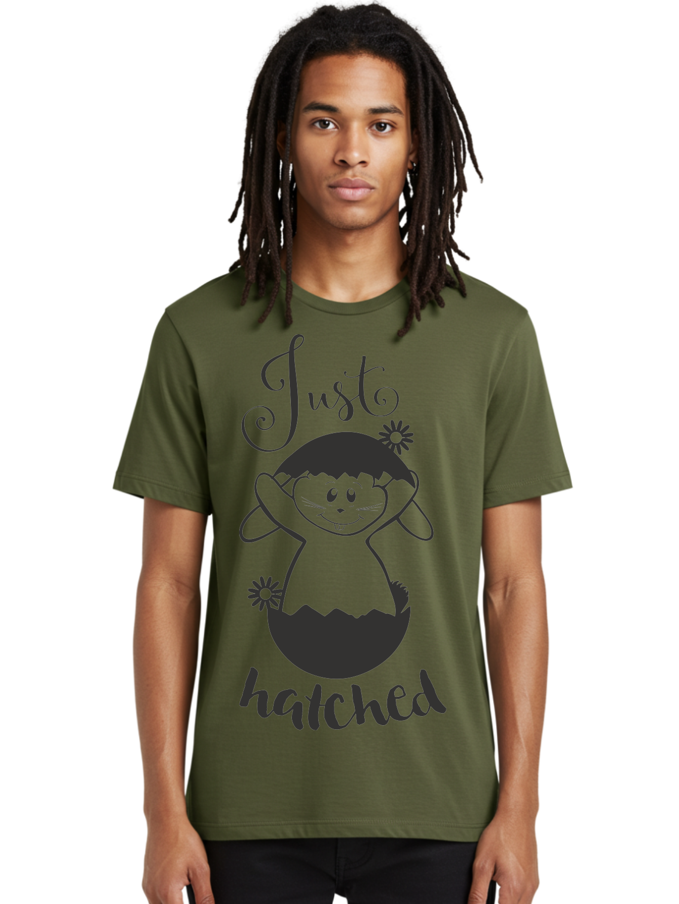 Just-Hatched Men'S Graphic Tee, 100% Cotton, Comfortable Casual Summer Wear, Machine Washable, Cute Cartoon Character, Hatching From Egg, Playful Design, Easter Theme, Funny Illustration, Whimsical Art, Baby Chick, Adorable Graphic Aac915