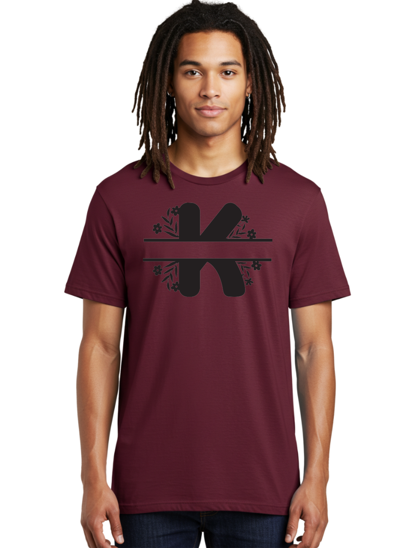 K-1 Men'S Graphic Tee, 100% Cotton, Comfortable Casual Summer Wear, Machine Washable, Stylized Letter K, Floral Design, Black Silhouettes, Flowers And Leaves, Decorative Graphic Aac916