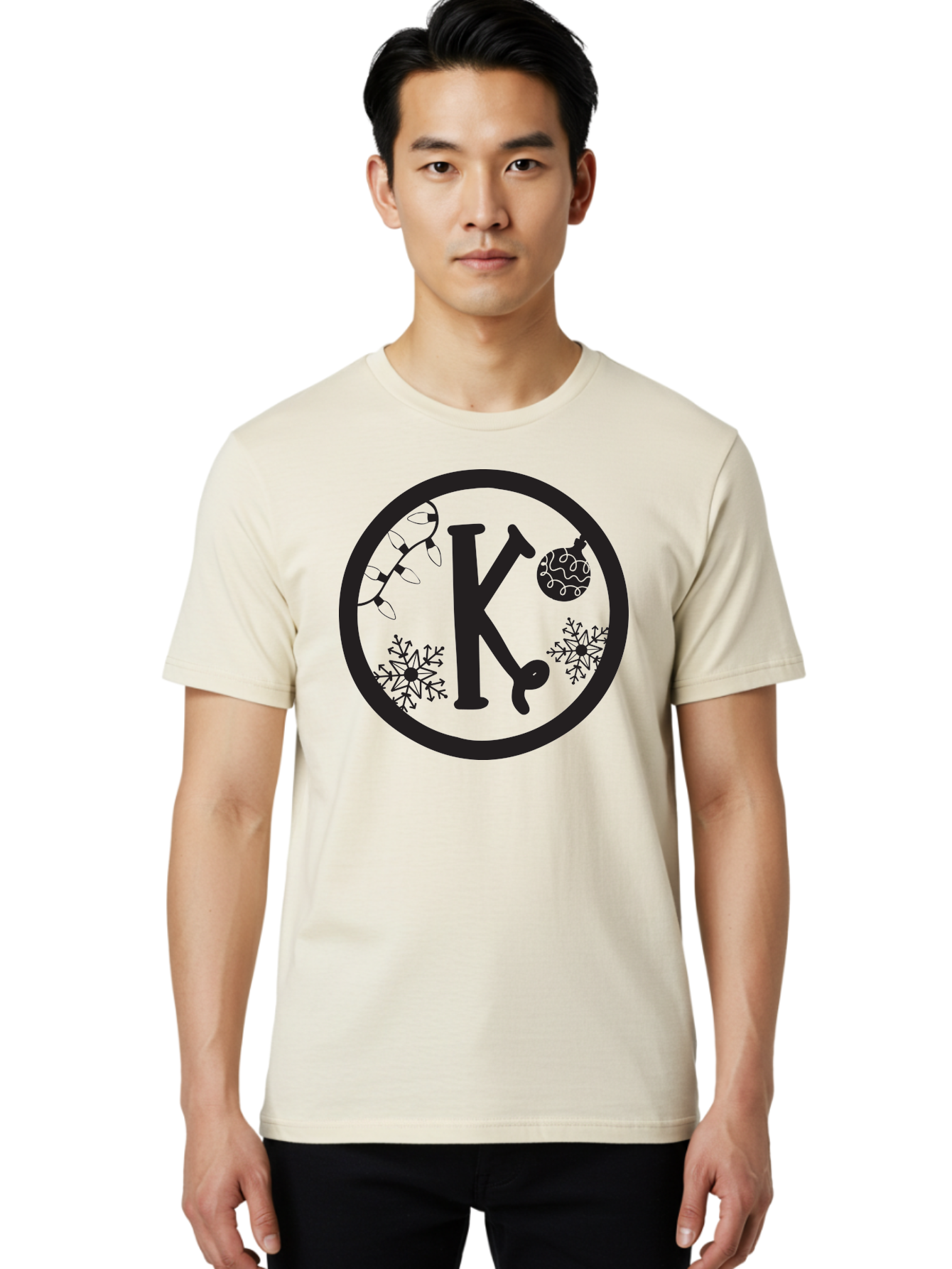 K Men'S Graphic Tee, 100% Cotton, Comfortable Casual Summer Wear, Machine Washable, Christmas Decorations, Festive Designs, Snowflakes, Ornament, K Symbol, String Lights, Holiday Graphics, Winter Wonderland Aac917