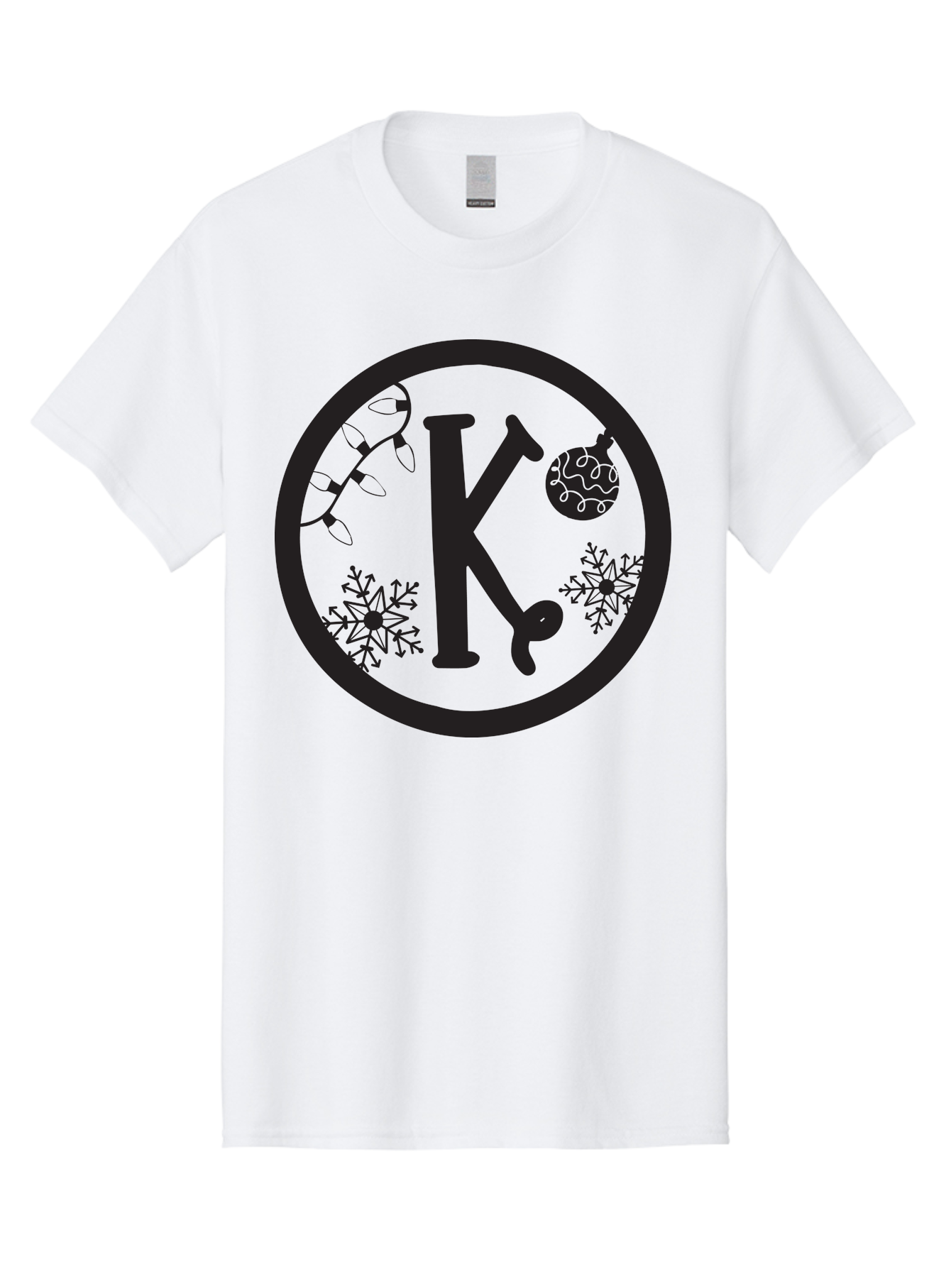 K Men'S Graphic Tee, 100% Cotton, Comfortable Casual Summer Wear, Machine Washable, Christmas Decorations, Festive Designs, Snowflakes, Ornament, K Symbol, String Lights, Holiday Graphics, Winter Wonderland Aac917