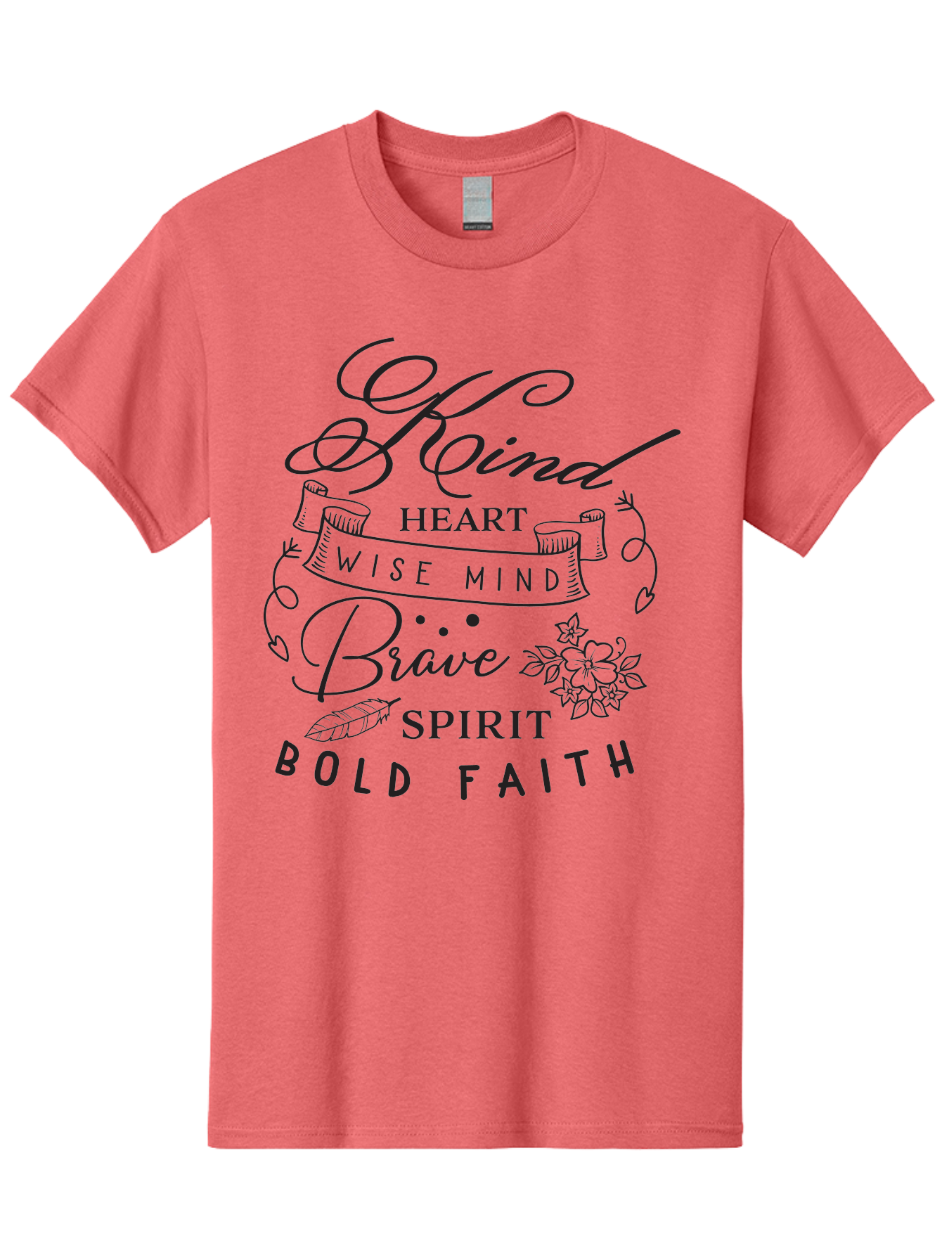Kind-Heart-Brave-Spirit Men'S Graphic Tee, 100% Cotton, Comfortable Casual Summer Wear, Machine Washable, Inspirational Words, Motivational Quotes, Kind Heart, Wise Mind, Brave Spirit, Bold Faith, Positivity, Empowerment, Floral Elements, Aac918