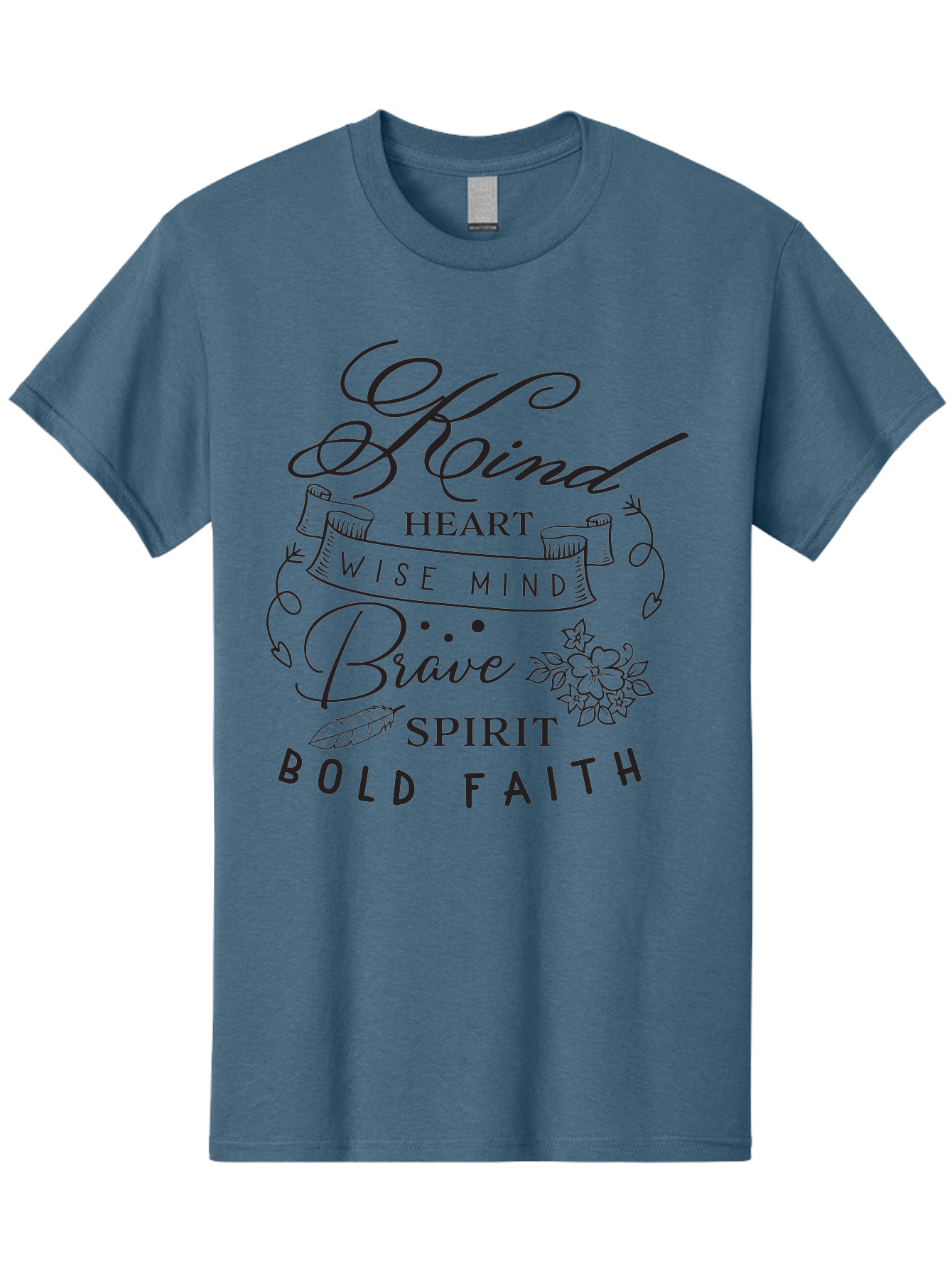 Kind-Heart-Brave-Spirit Men'S Graphic Tee, 100% Cotton, Comfortable Casual Summer Wear, Machine Washable, Inspirational Words, Motivational Quotes, Kind Heart, Wise Mind, Brave Spirit, Bold Faith, Positivity, Empowerment, Floral Elements, Aac918