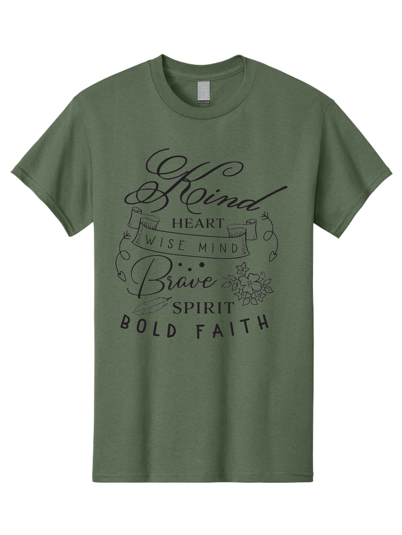 Kind-Heart-Brave-Spirit Men'S Graphic Tee, 100% Cotton, Comfortable Casual Summer Wear, Machine Washable, Inspirational Words, Motivational Quotes, Kind Heart, Wise Mind, Brave Spirit, Bold Faith, Positivity, Empowerment, Floral Elements, Aac918