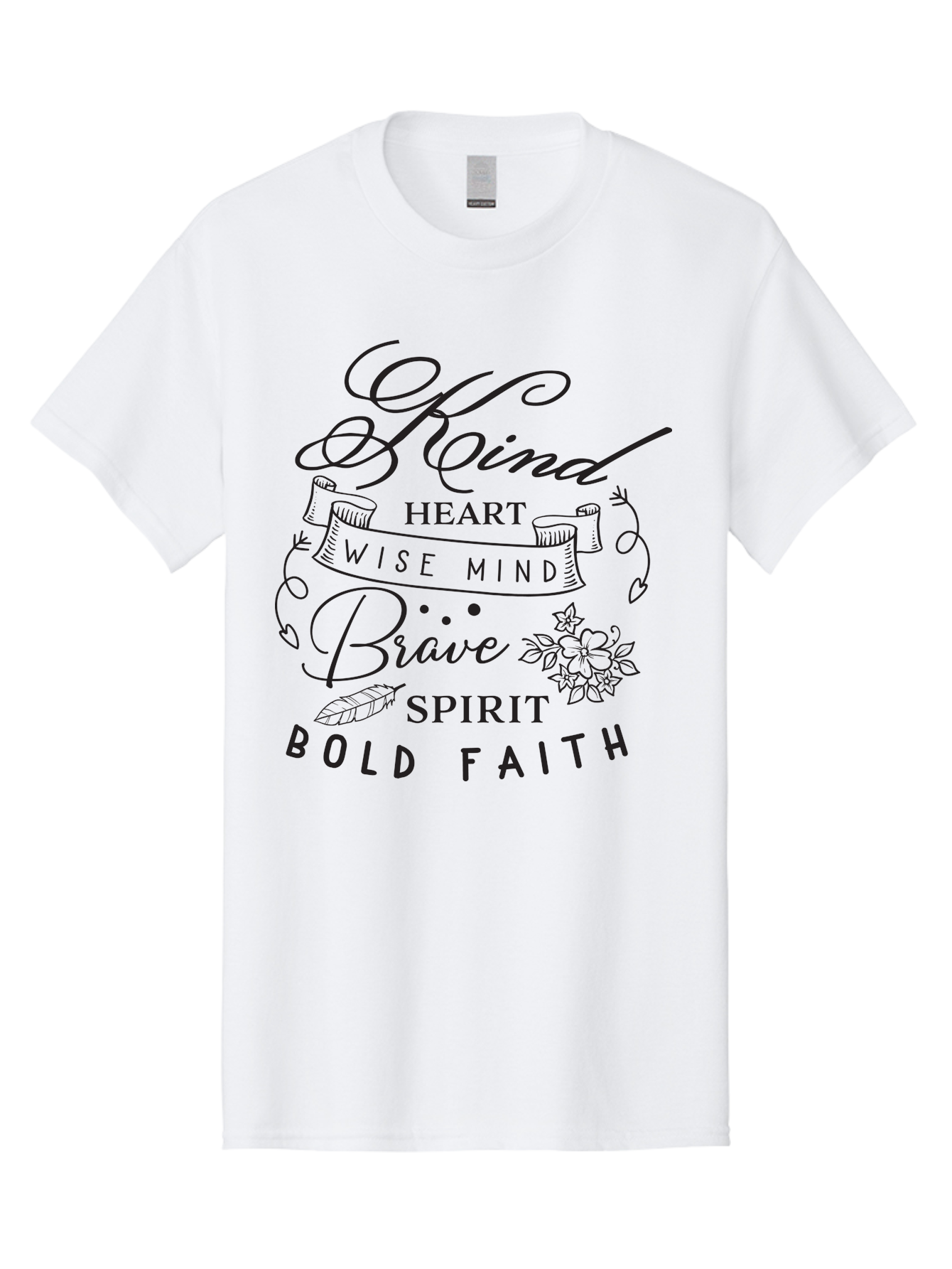 Kind-Heart-Brave-Spirit Men'S Graphic Tee, 100% Cotton, Comfortable Casual Summer Wear, Machine Washable, Inspirational Words, Motivational Quotes, Kind Heart, Wise Mind, Brave Spirit, Bold Faith, Positivity, Empowerment, Floral Elements, Aac918