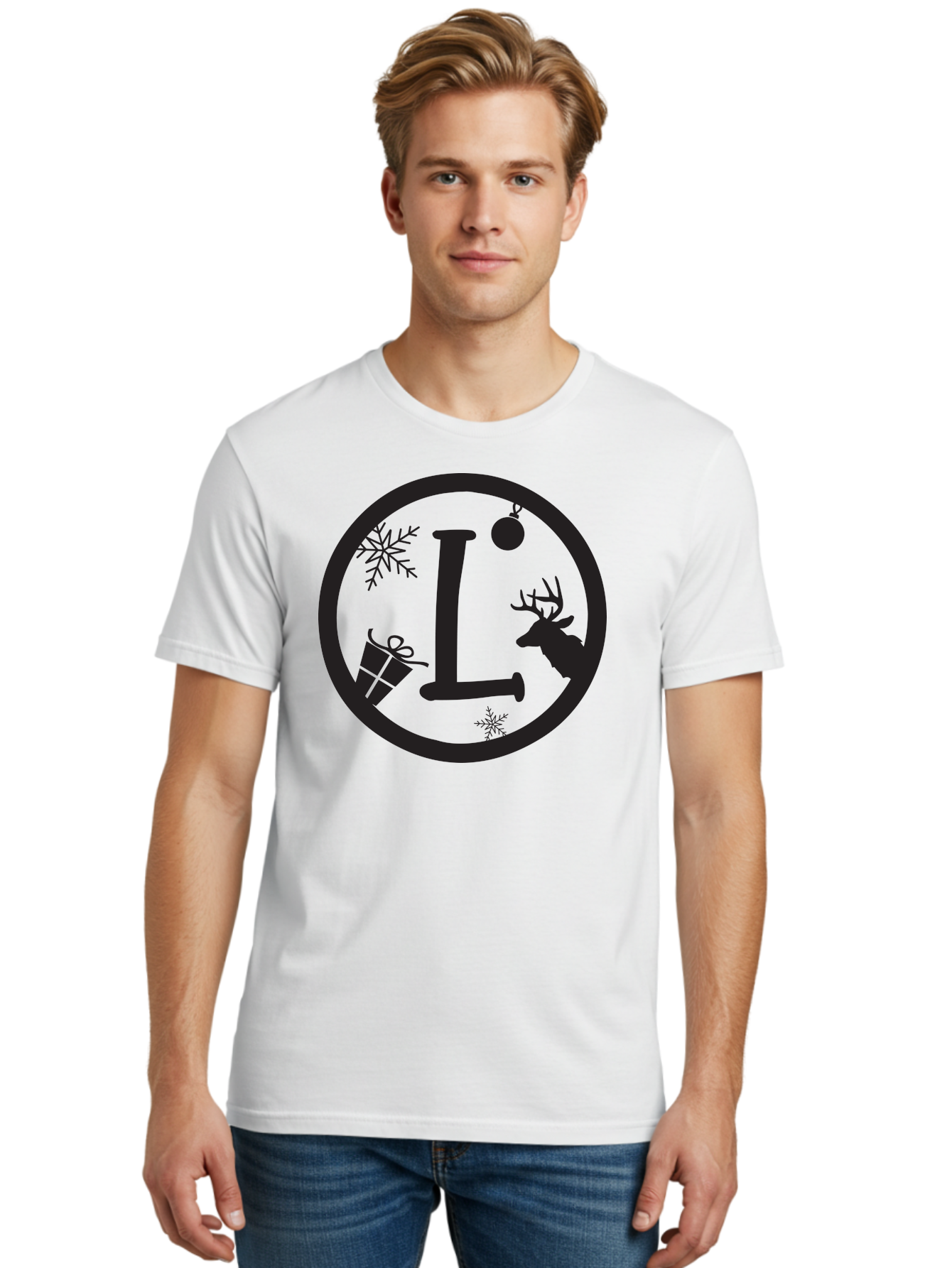 L Men'S Graphic Tee, 100% Cotton, Comfortable Casual Summer Wear, Machine Washable, Christmas Decorations, Holiday Gifts, Winter Snowflakes, Reindeer Silhouette, Festive Atmosphere, Seasonal Ornaments, Gift Wrapping Aac923