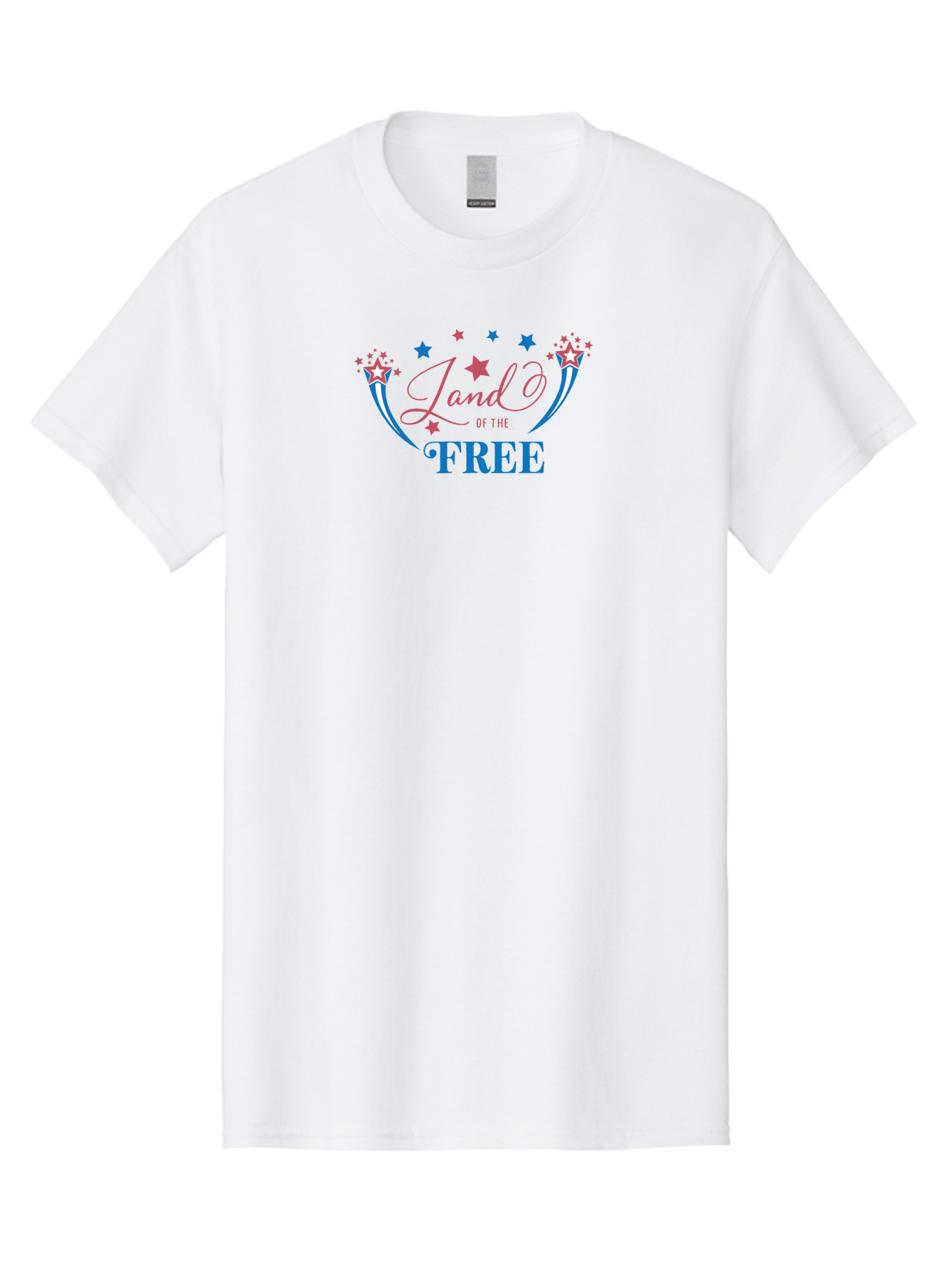 Land-Of-The-Free Men'S Graphic Tee, 100% Cotton, Comfortable Casual Summer Wear, Machine Washable, Patriotic Graphic, Red White And Blue Colors, Starry Design Elements, Freedom Phrase, Liberty Symbol, Cursive Font, Banner Style, Aac925