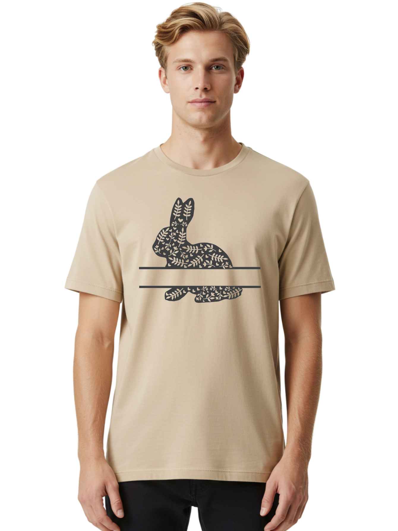 Leafy-Bunny Men'S Graphic Tee, 100% Cotton, Comfortable Casual Summer Wear, Machine Washable, Rabbit Silhouette, Fern Patterns, Leafy Design, Nature-Inspired Art, Botanical Illustration, Whimsical Graphics, Easter Theme Aac929