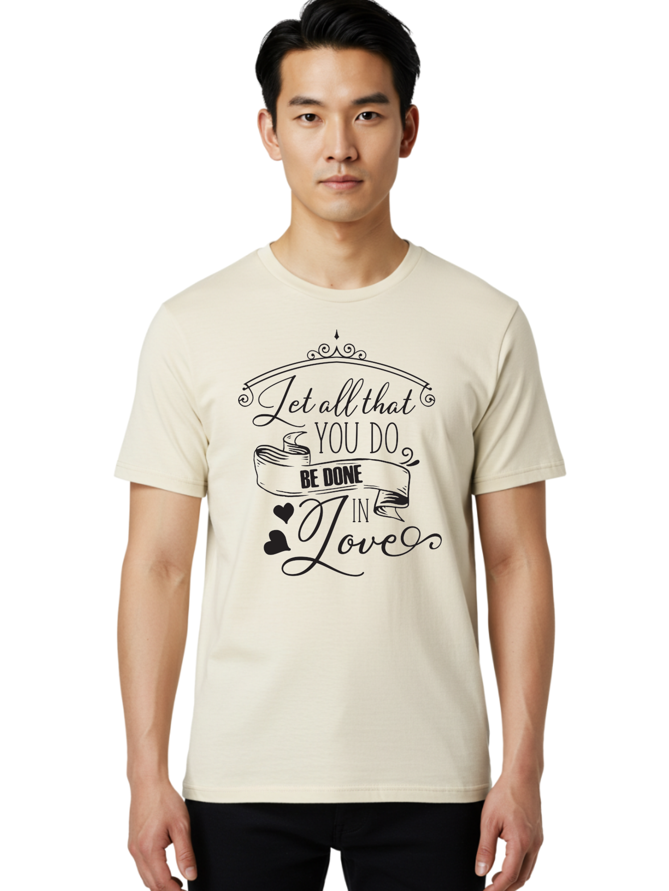 Let-All-That-You-Do-Be-Done-In-Love-1 Men'S Graphic Tee, 100% Cotton, Comfortable Casual Summer Wear, Machine Washable, Inspirational Quote, Motivational Phrase, Positive Affirmation, Love Message, Heartwarming Words, Decorative Typography, Aac932
