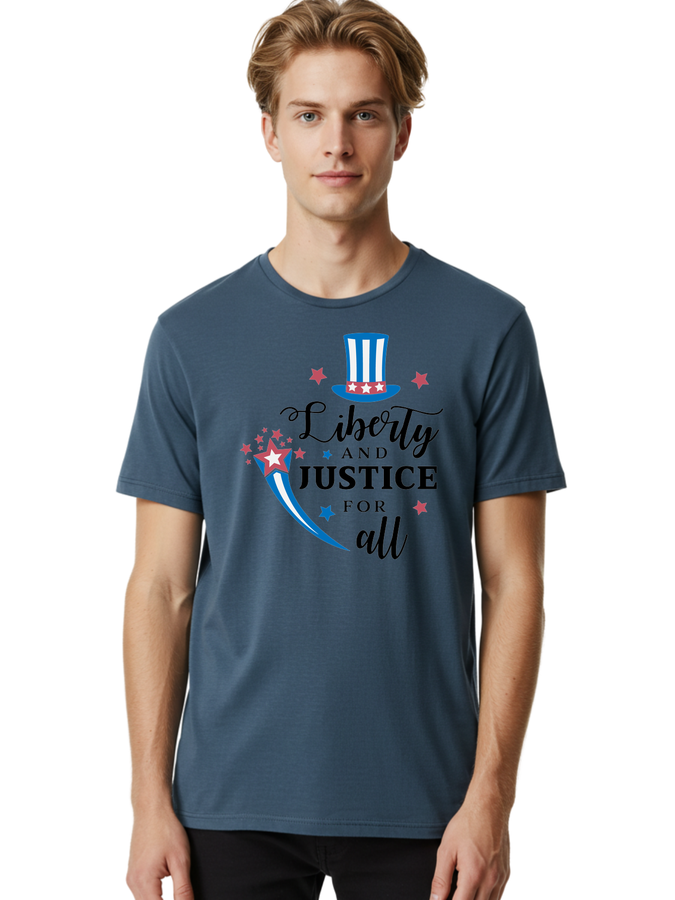 Liberty-And-Justice-For-All Men'S Graphic Tee, 100% Cotton, Comfortable Casual Summer Wear, Machine Washable, Liberty, Justice For All, Patriotic Theme, American Values, Freedom, Equality, Stars And Stripes, 4Th Of July, Independence Day, Aac939