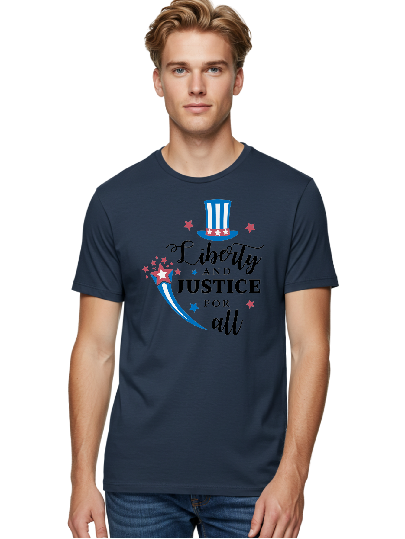 Liberty-And-Justice-For-All Men'S Graphic Tee, 100% Cotton, Comfortable Casual Summer Wear, Machine Washable, Liberty, Justice For All, Patriotic Theme, American Values, Freedom, Equality, Stars And Stripes, 4Th Of July, Independence Day, Aac939