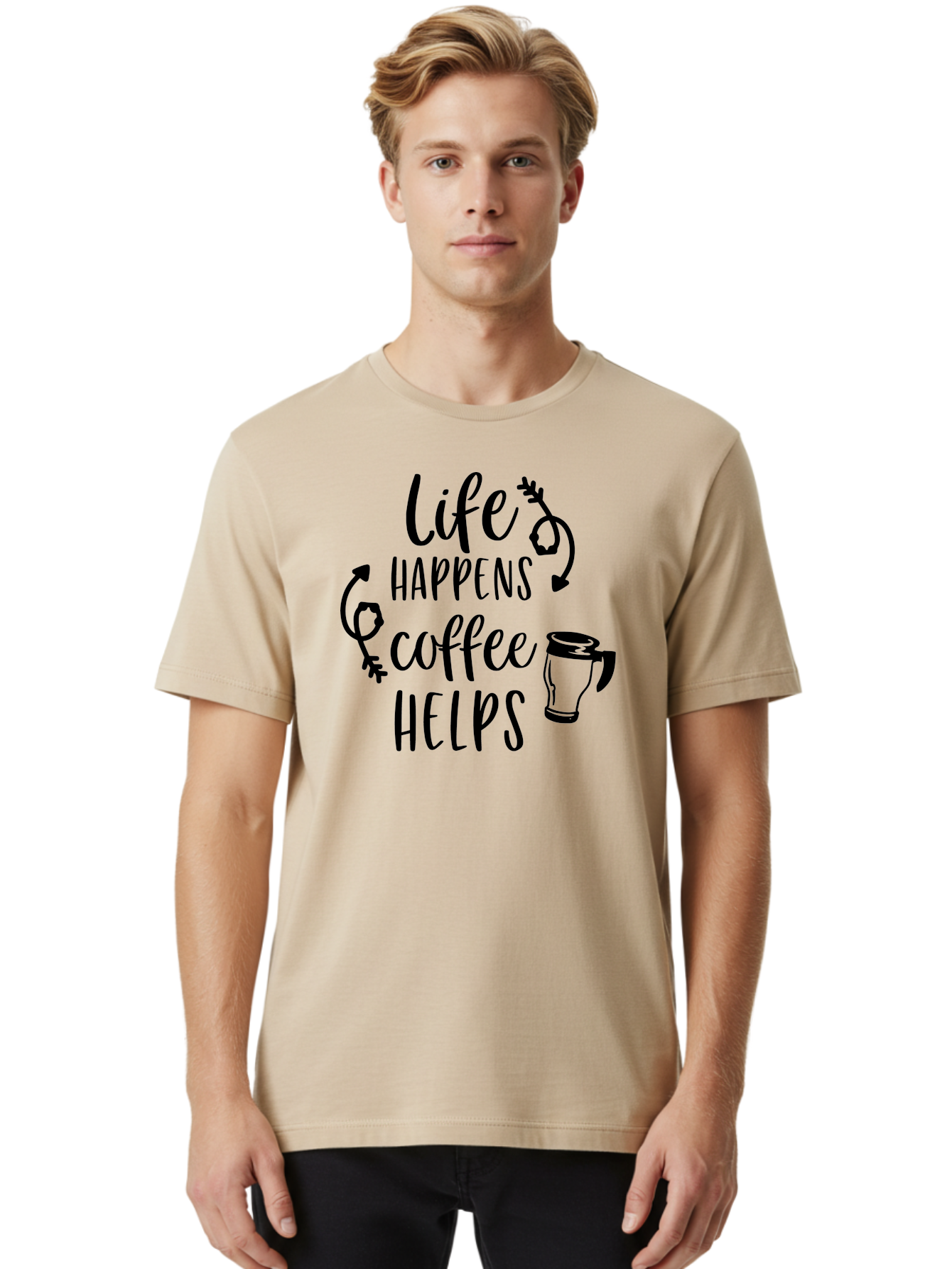 Life-Happens-Coffee-Helps Men'S Graphic Tee, 100% Cotton, Comfortable Casual Summer Wear, Machine Washable, Coffee Quote, Morning Motivation, Coffee Lover, Coffee Break, Daily Grind, Coffee Culture, Funny Quote Aac942
