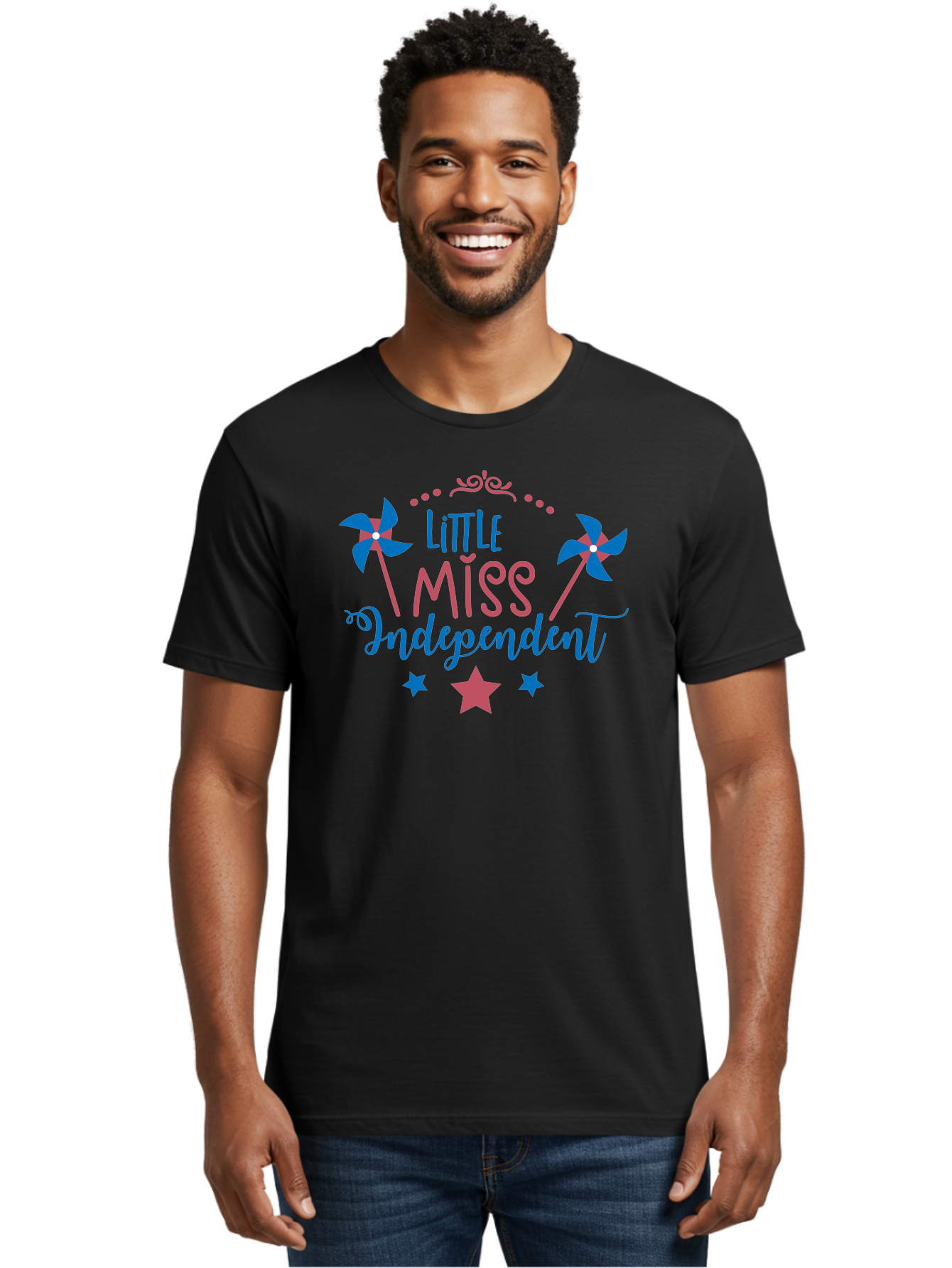 Little-Miss-Independent Men'S Graphic Tee, 100% Cotton, Comfortable Casual Summer Wear, Machine Washable, 4Th Of July, Independence Day, Little Miss Independent, Pinwheels, Stars, Patriotic Theme, Kids Design, Pink And Blue Colors, Aac957