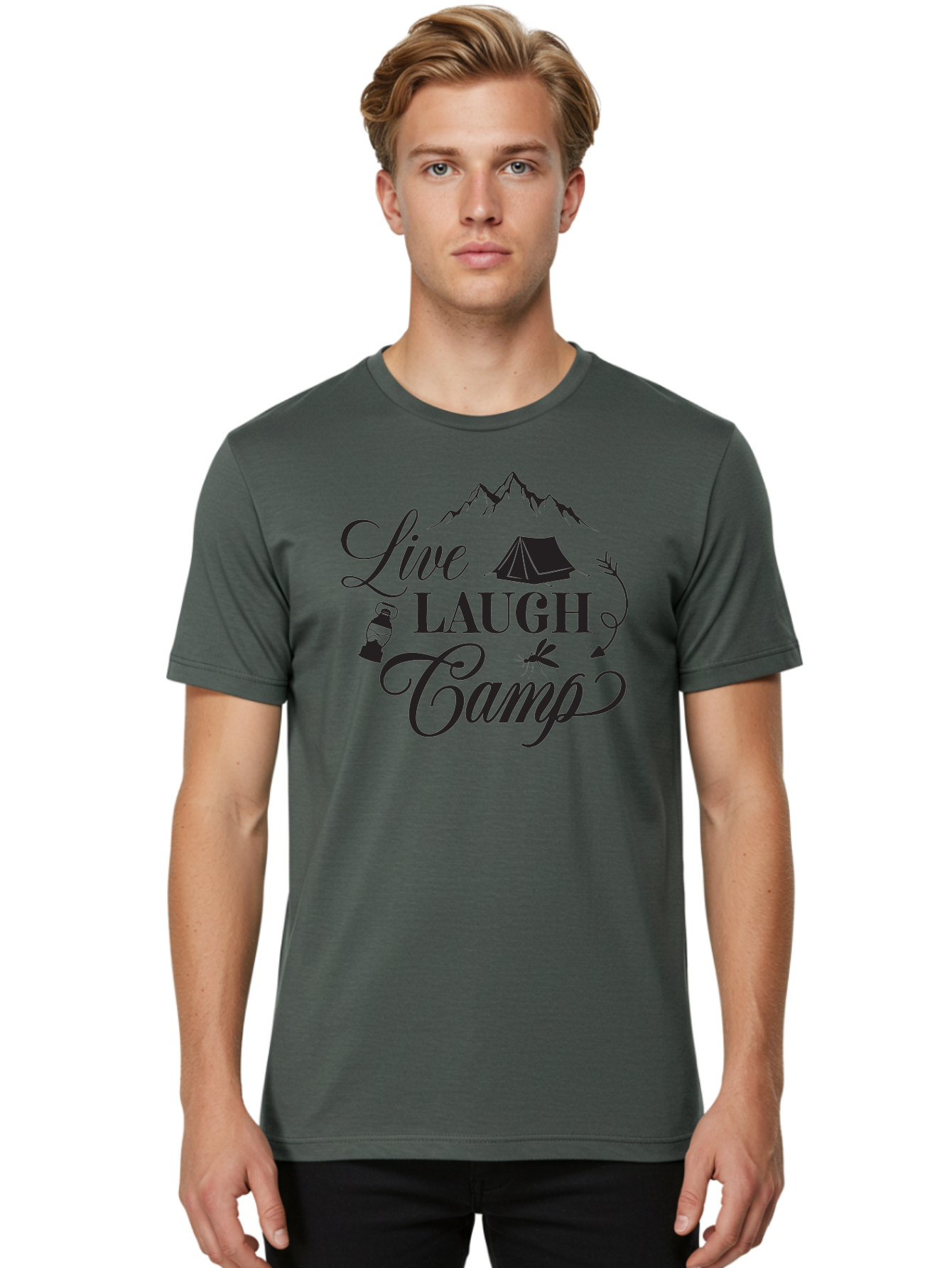 Live-Laugh-Camp Men'S Graphic Tee, 100% Cotton, Comfortable Casual Summer Wear, Machine Washable, Camping Adventure, Outdoor Fun, Tent, Mountains, Lantern, Mosquito, Campfire, Nature Escape, Wilderness Experience, Outdoor Recreation Aac961