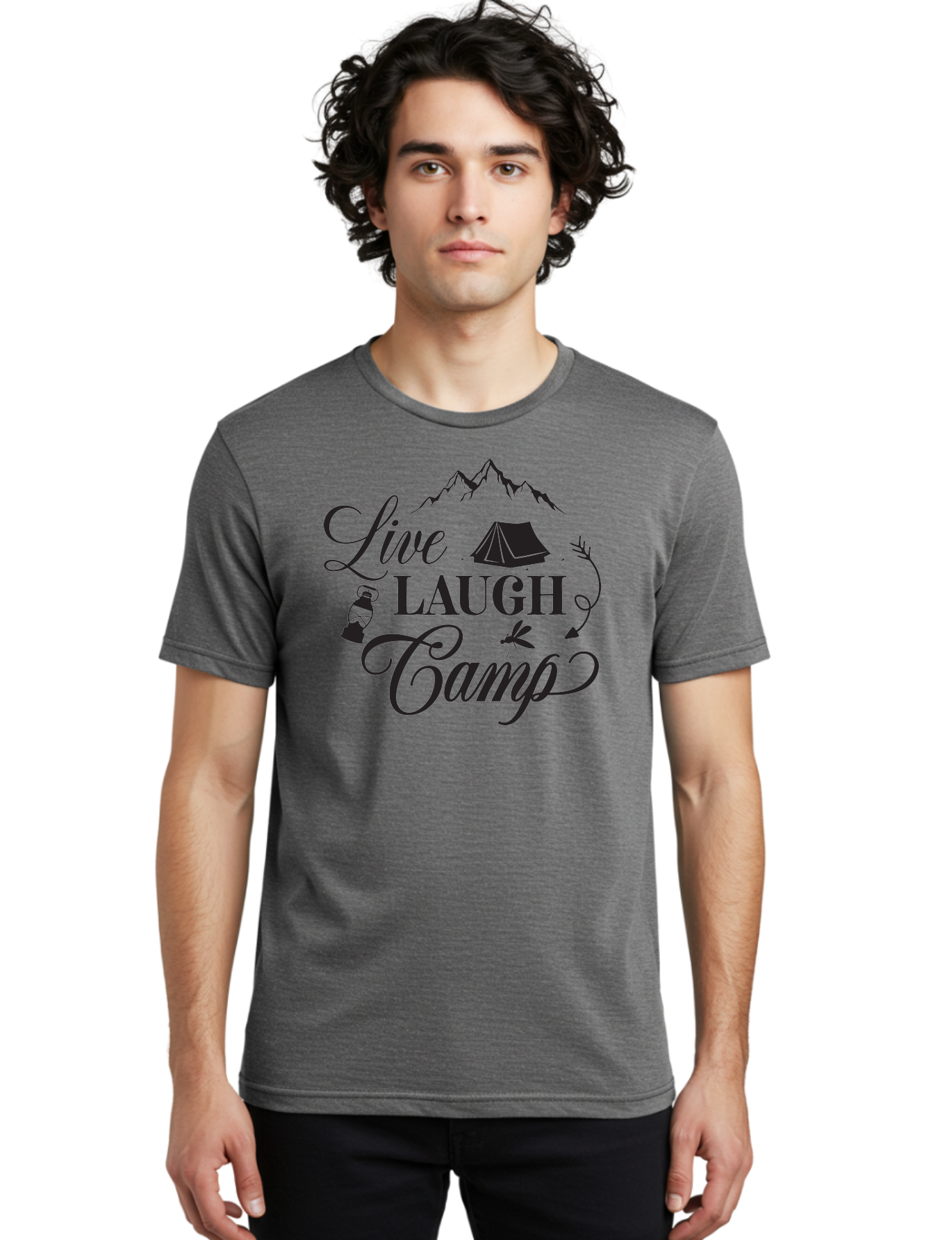 Live-Laugh-Camp Men'S Graphic Tee, 100% Cotton, Comfortable Casual Summer Wear, Machine Washable, Camping Adventure, Outdoor Fun, Tent, Mountains, Lantern, Mosquito, Campfire, Nature Escape, Wilderness Experience, Outdoor Recreation Aac961