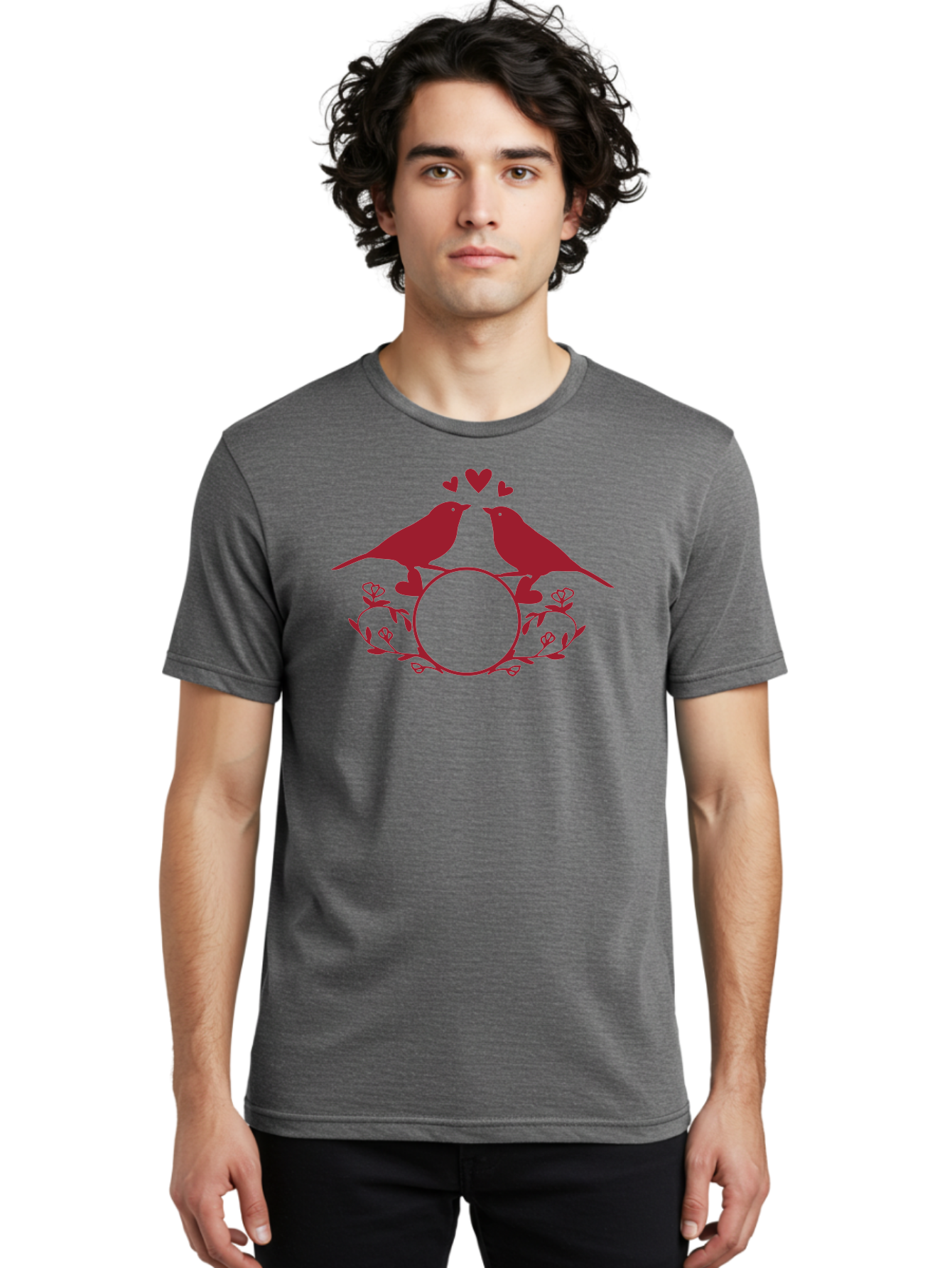Love-Birds Men'S Graphic Tee, 100% Cotton, Comfortable Casual Summer Wear, Machine Washable, Love Birds Kissing, Heart Shaped Frame, Floral Design, Loving Couple, Romance, Love Birds Together, Tender Moment Aac972
