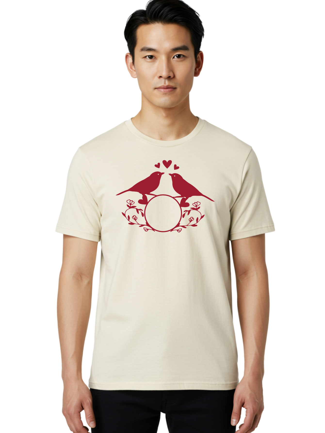 Love-Birds Men'S Graphic Tee, 100% Cotton, Comfortable Casual Summer Wear, Machine Washable, Love Birds Kissing, Heart Shaped Frame, Floral Design, Loving Couple, Romance, Love Birds Together, Tender Moment Aac972