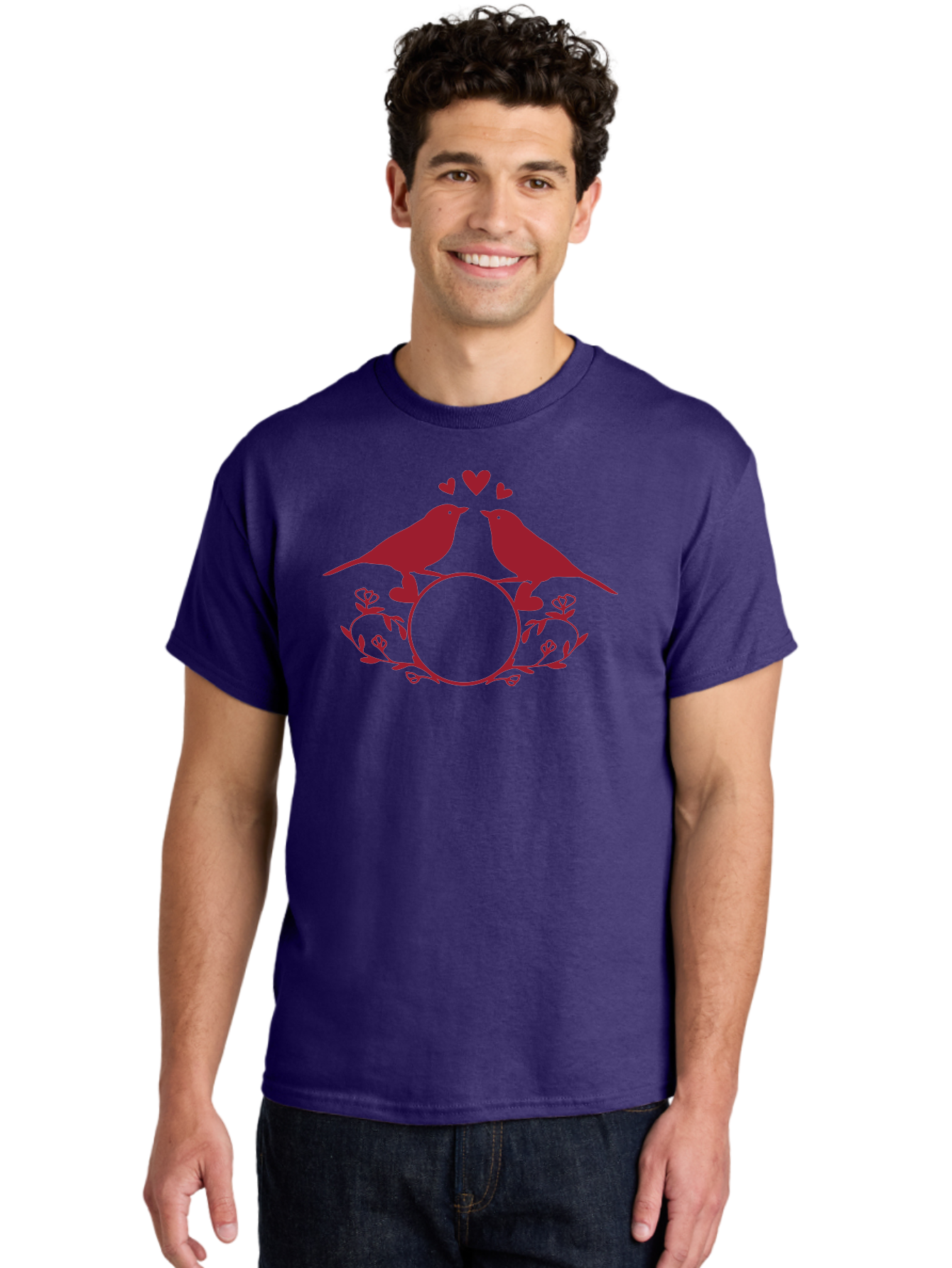 Love-Birds Men'S Graphic Tee, 100% Cotton, Comfortable Casual Summer Wear, Machine Washable, Love Birds Kissing, Heart Shaped Frame, Floral Design, Loving Couple, Romance, Love Birds Together, Tender Moment Aac972