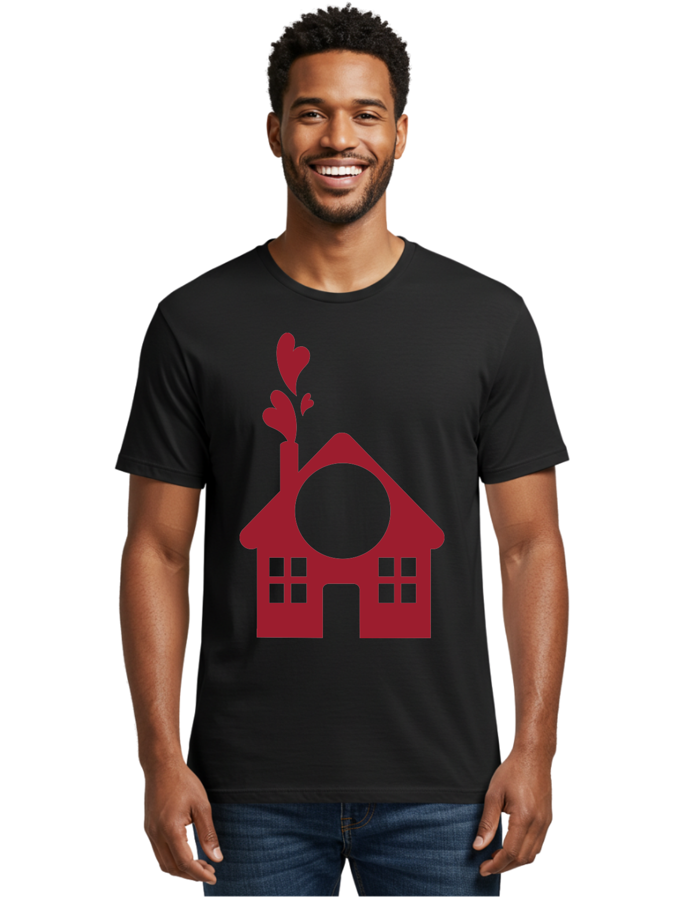 Love-Home Men'S Graphic Tee, 100% Cotton, Comfortable Casual Summer Wear, Machine Washable, Cozy Home, Red House, Heart Shaped Leaves, Chimney With Hearts, Simple Home Design, Modern House Illustration, Love Symbol, Heartwarming Home, Aac974