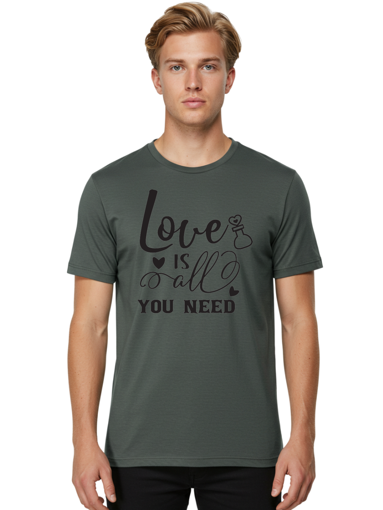 Love-Is-All-You-Need Men'S Graphic Tee, 100% Cotton, Comfortable Casual Summer Wear, Machine Washable, Love Quote, Inspirational Quote, Motivational Phrase, Heart Symbol, Love Potion, Romantic Message, Positive Affirmation, Aac975