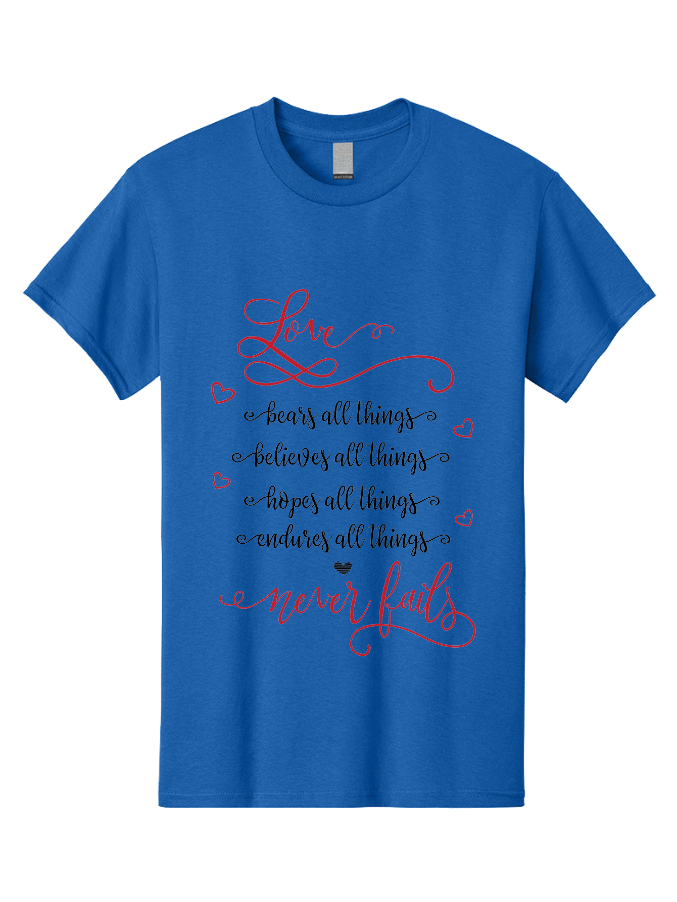 Love-Never-Fails Men'S Graphic Tee, 100% Cotton, Comfortable Casual Summer Wear, Machine Washable, Love Quote, Inspirational Quote, Positive Affirmation, Heartwarming Message, Faith, Hope, Charity, 1 Corinthians 13:8 Aac980