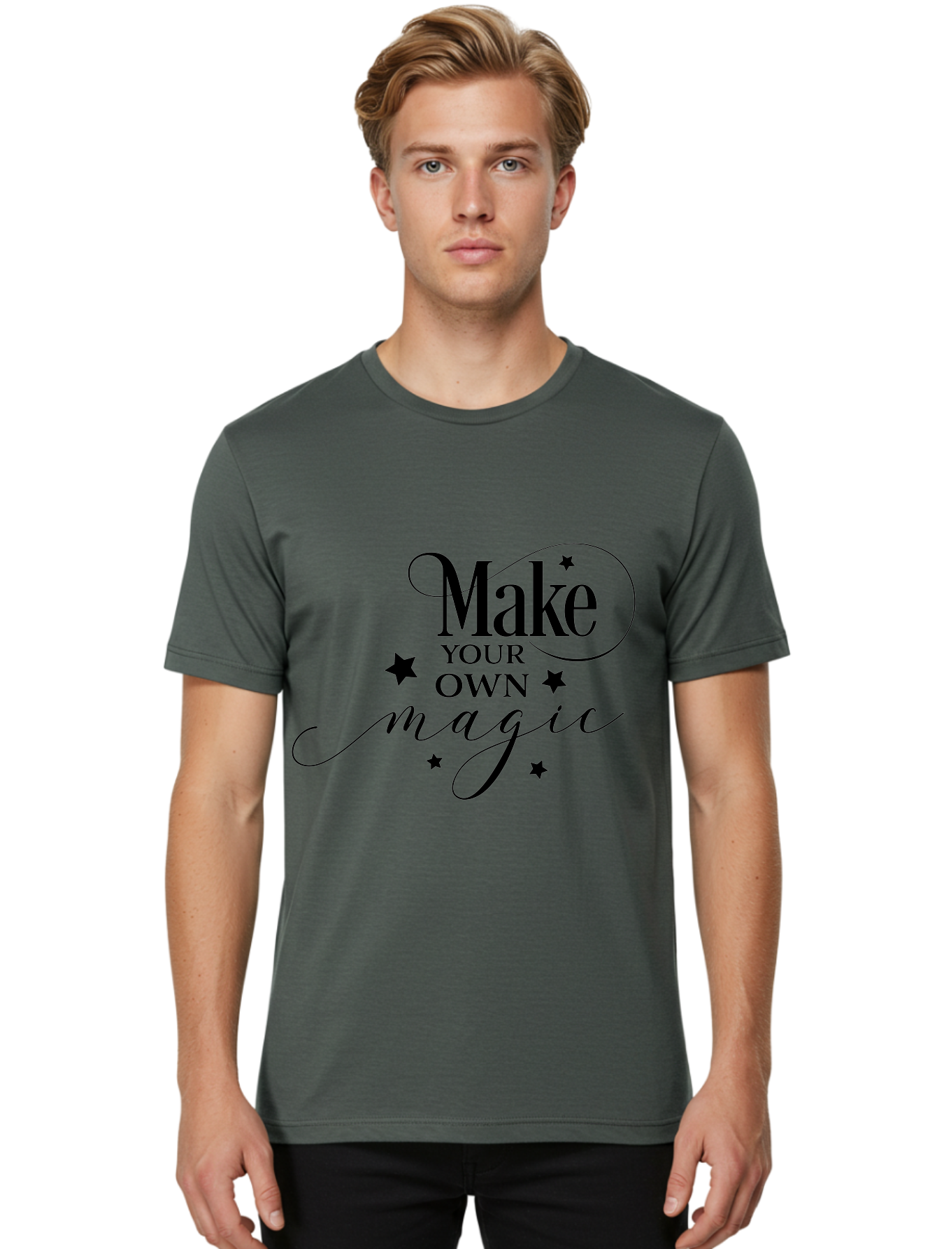 Make-Your-Own-Magic Men'S Graphic Tee, 100% Cotton, Comfortable Casual Summer Wear, Machine Washable, Inspirational Quote, Motivational Phrase, Magic Spell, Stars Decoration, Typography Art, Positive Vibes, Empowerment Message, Mystical Charm Aac988