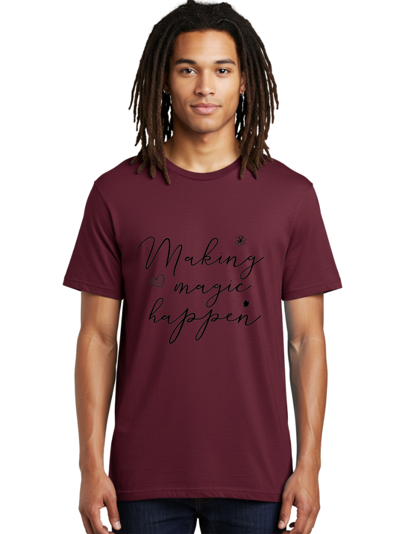 Making-Magic-Happen Men'S Graphic Tee, 100% Cotton, Comfortable Casual Summer Wear, Machine Washable, Inspirational Quote, Motivational Phrase, Positive Message, Making Magic Happen, Cursive Text, Heart Symbol, Flower Icons, Uplifting Words, Aac989