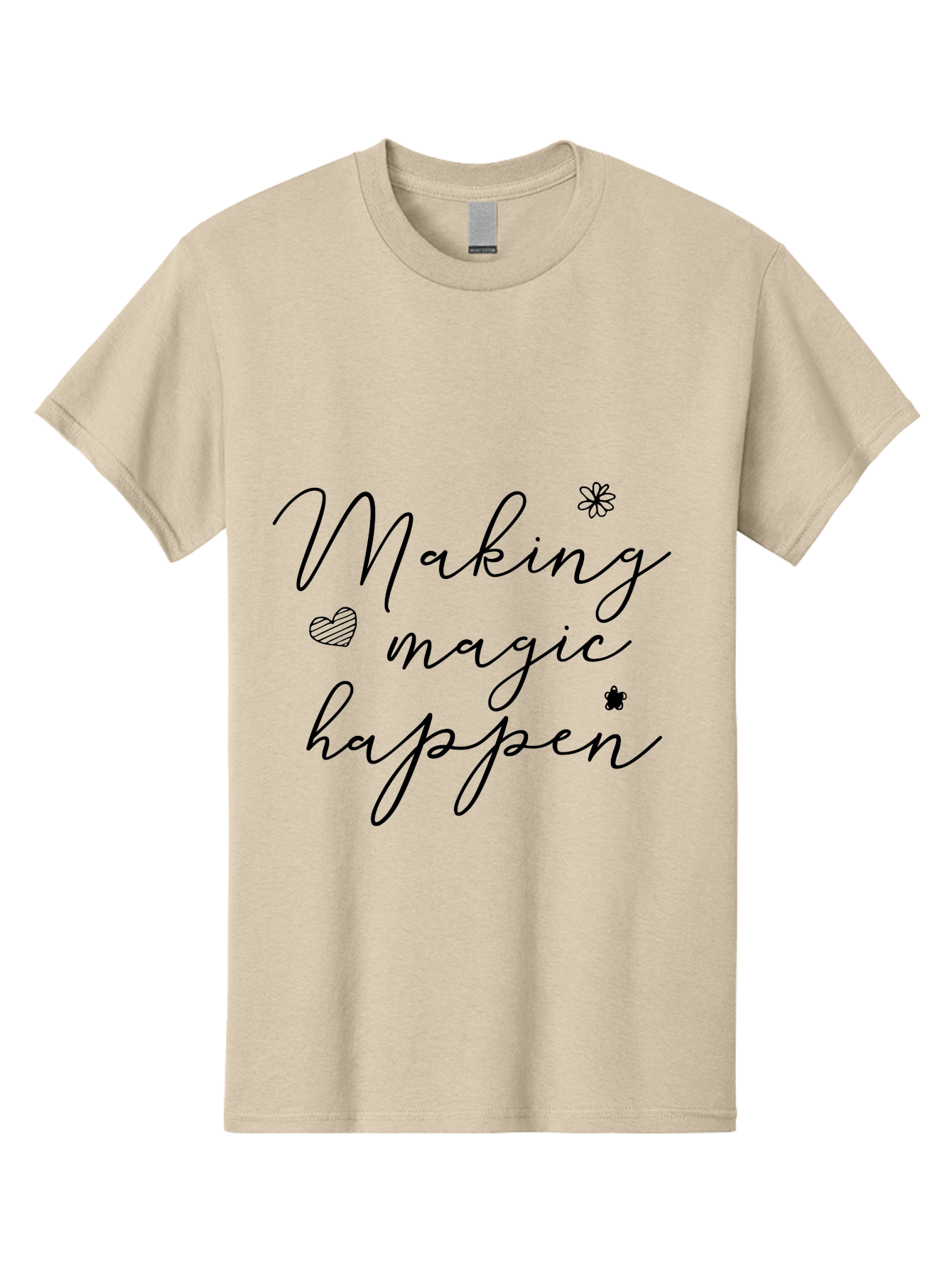 Making-Magic-Happen Men'S Graphic Tee, 100% Cotton, Comfortable Casual Summer Wear, Machine Washable, Inspirational Quote, Motivational Phrase, Positive Message, Making Magic Happen, Cursive Text, Heart Symbol, Flower Icons, Uplifting Words, Aac989