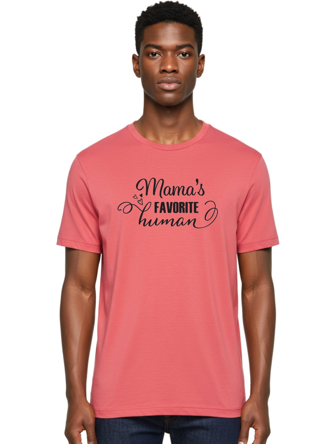 Mama-S-Favorite-Human Men'S Graphic Tee, 100% Cotton, Comfortable Casual Summer Wear, Machine Washable, Mama'S Favorite Human, Heartwarming Phrase, Cursive Font, Decorative Hearts, Favorite Child, Mother'S Love, Family Bonding, Aac993