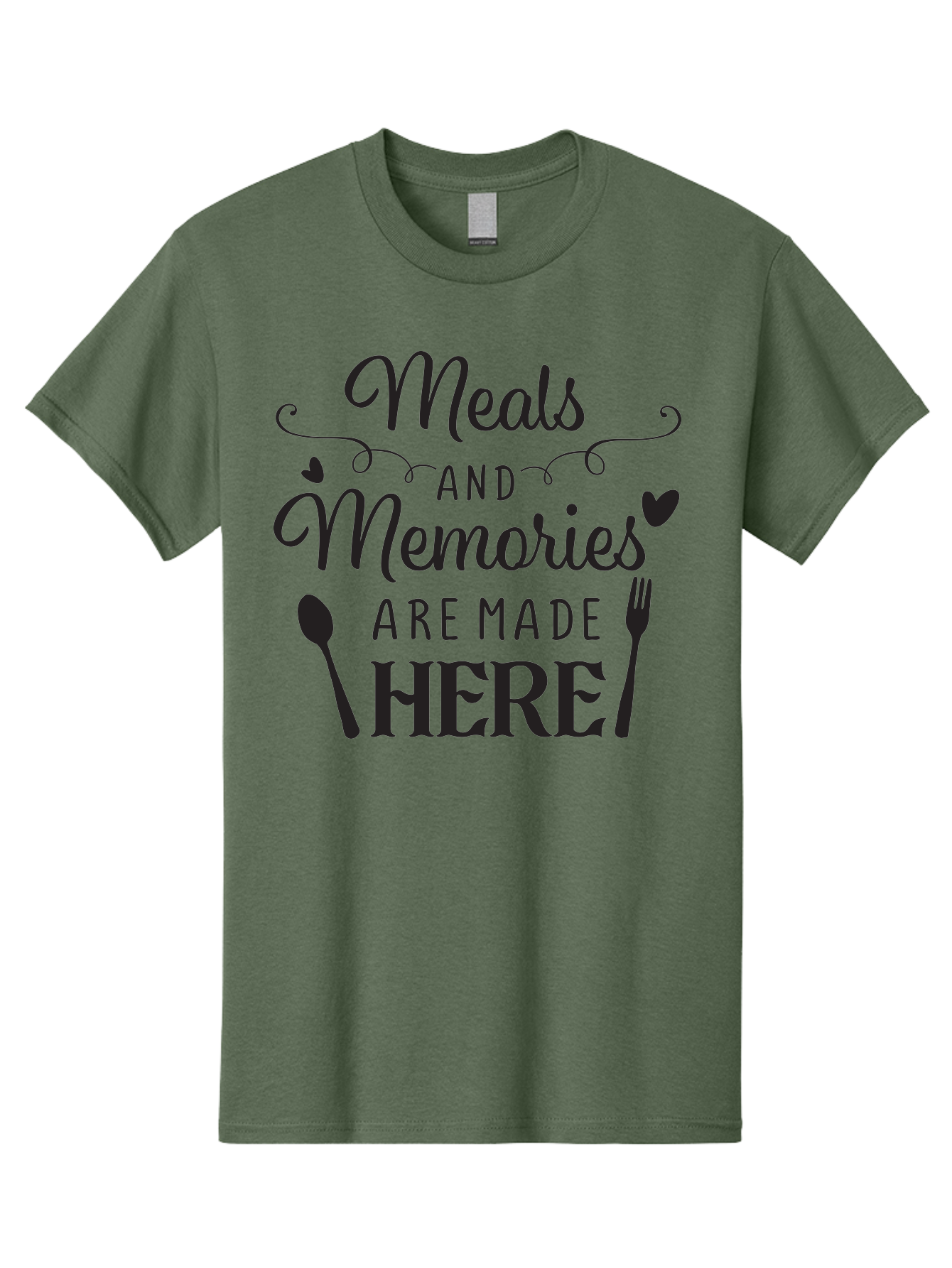 Meals-And-Memories-Are-Made-Here Men'S Graphic Tee, 100% Cotton, Comfortable Casual Summer Wear, Machine Washable, Dining Experience, Culinary Memories, Family Gatherings, Restaurant Signage, Heartfelt Messages, Utensil Illustrations, Aad000